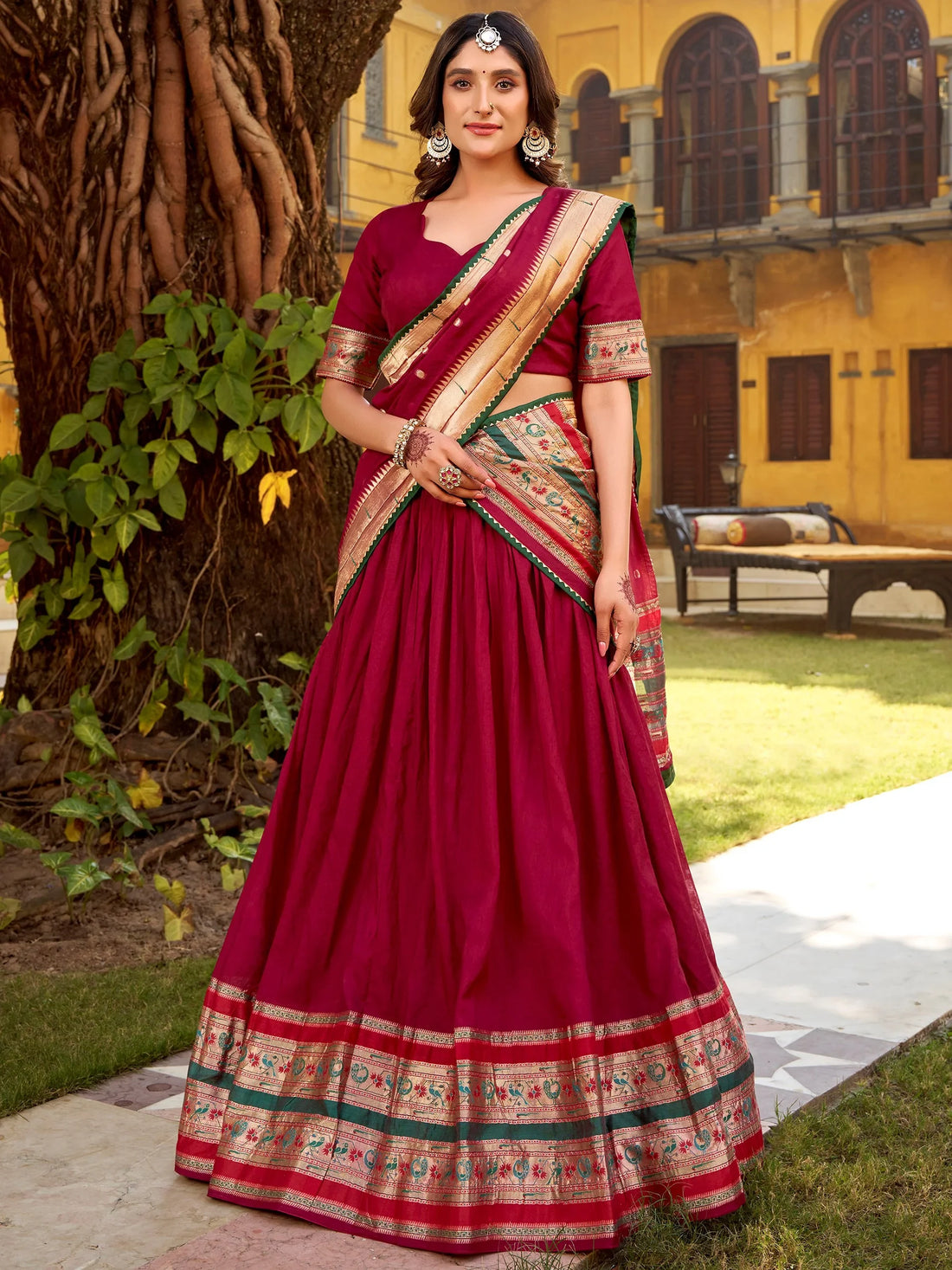 Dazzling Maroon Zari Weaving Chanderi Traditional Half Saree Lehenga With Dupatta