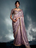 Dazzling Mauve Heavy Embroidered Organza Reception Wear Saree - Zeel Clothing