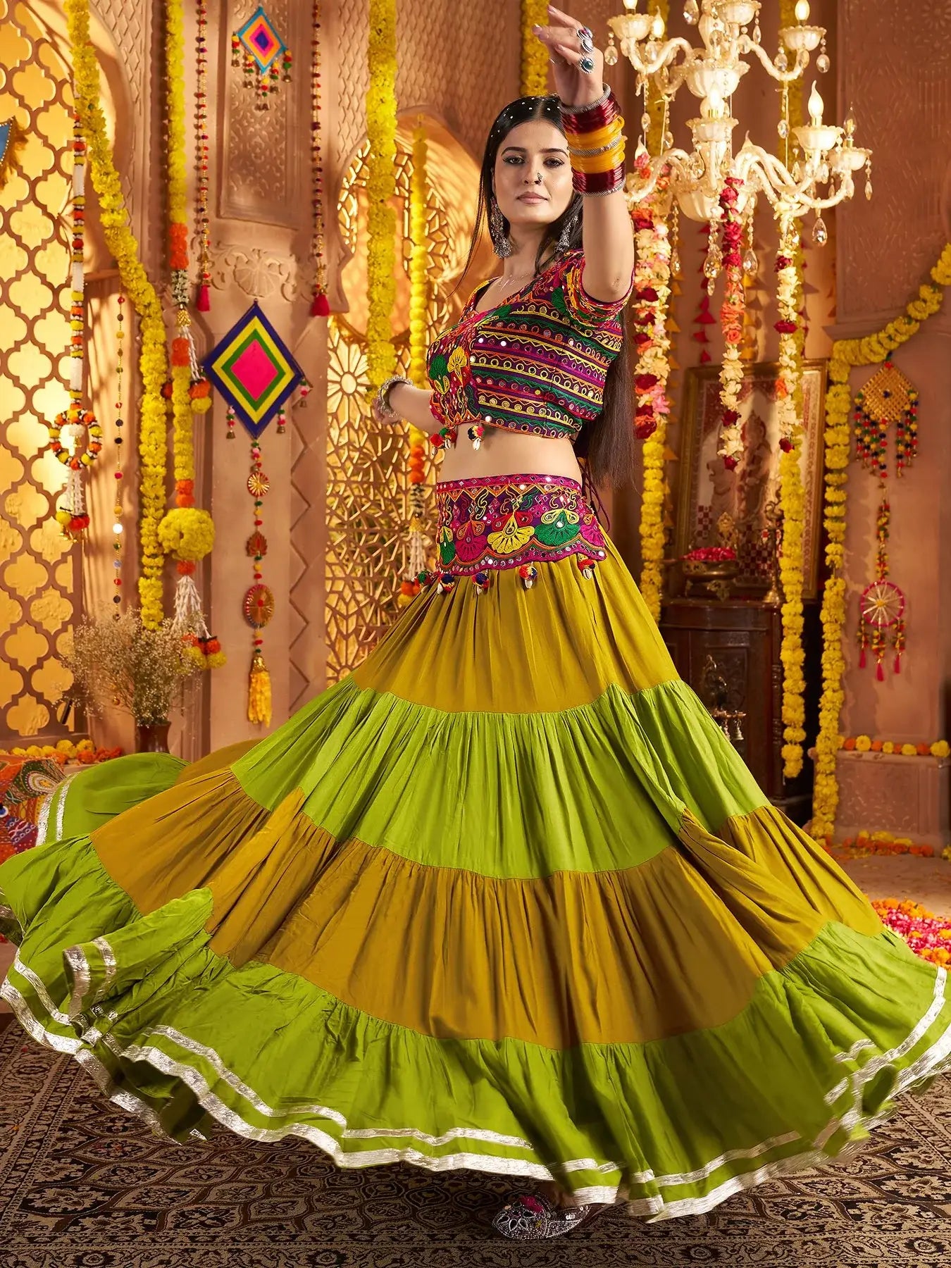 Dazzling Multi-Color Thread Work Cotton Navratri Wear Lehenga Choli With Dupatta - Zeel Clothing