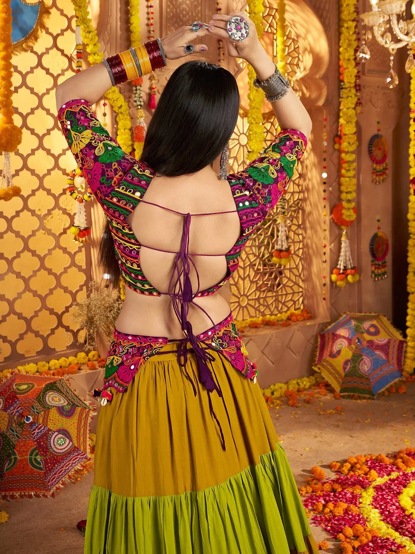 Dazzling Multi-Color Thread Work Cotton Navratri Wear Lehenga Choli With Dupatta - Zeel Clothing