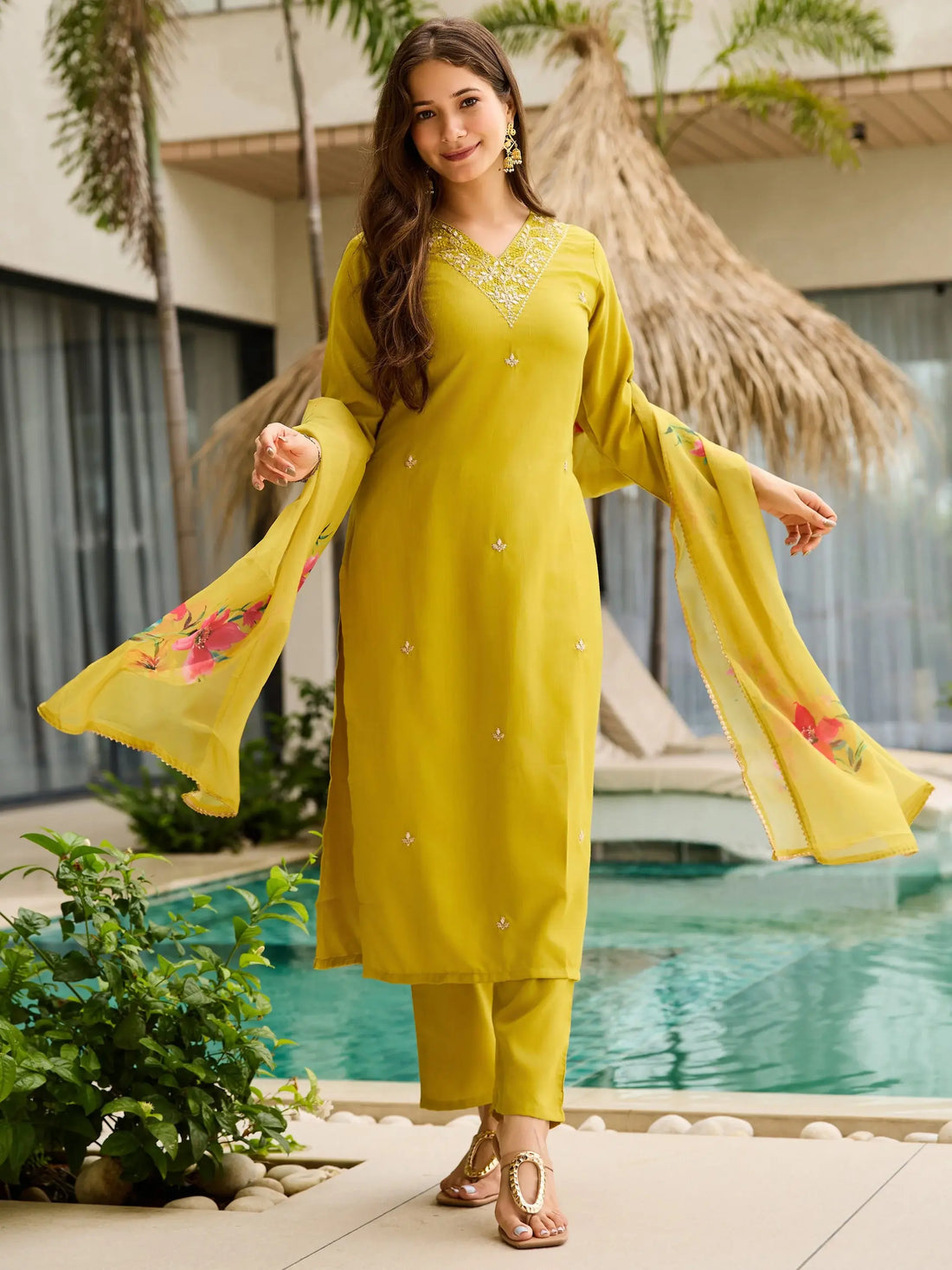 Dazzling Mustard Yellow Zari Embroidery Rayon Haldi Wear Pant Suit - Zeel Clothing