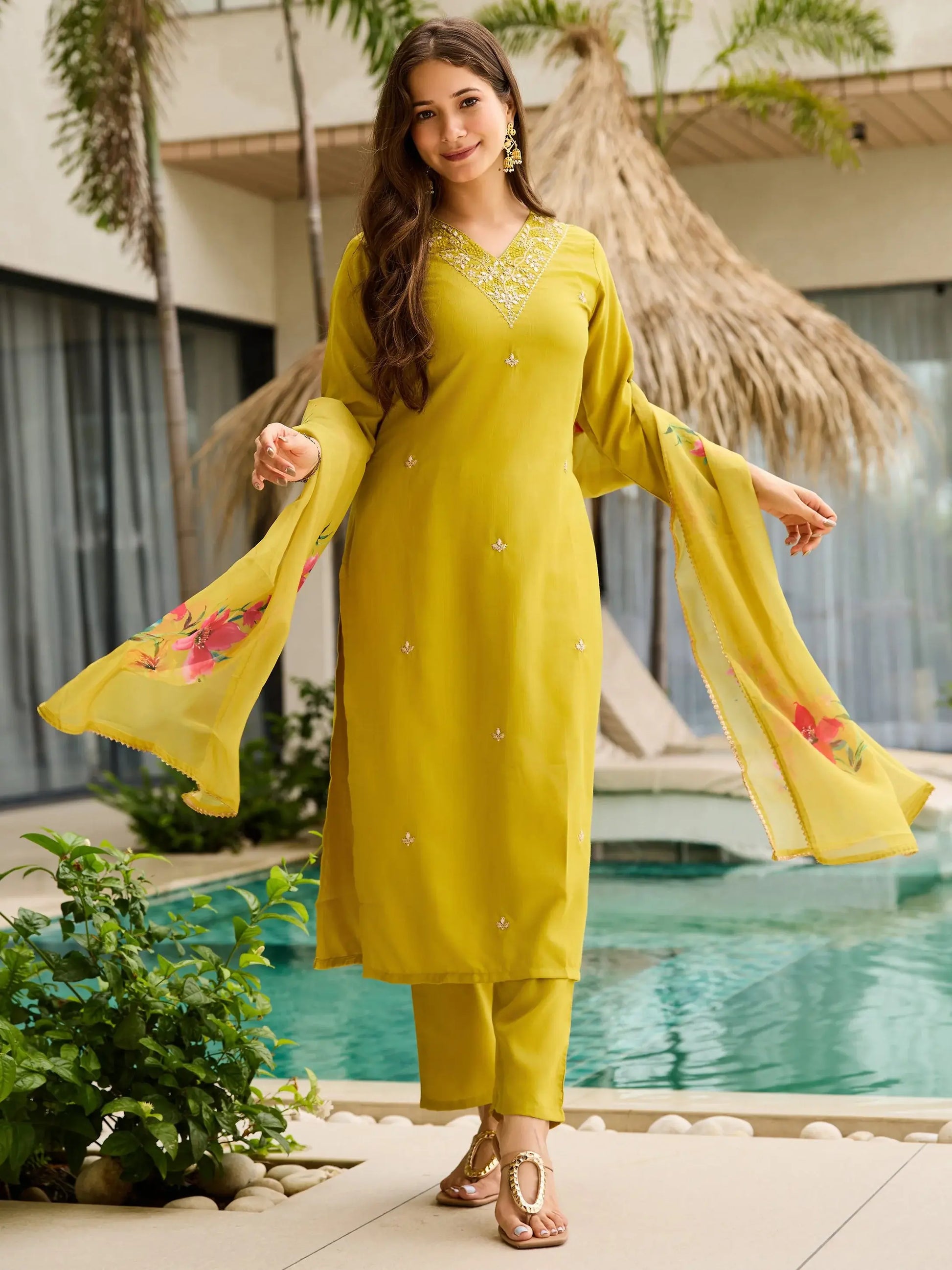 Dazzling Mustard Yellow Zari Embroidery Rayon Haldi Wear Pant Suit - Zeel Clothing
