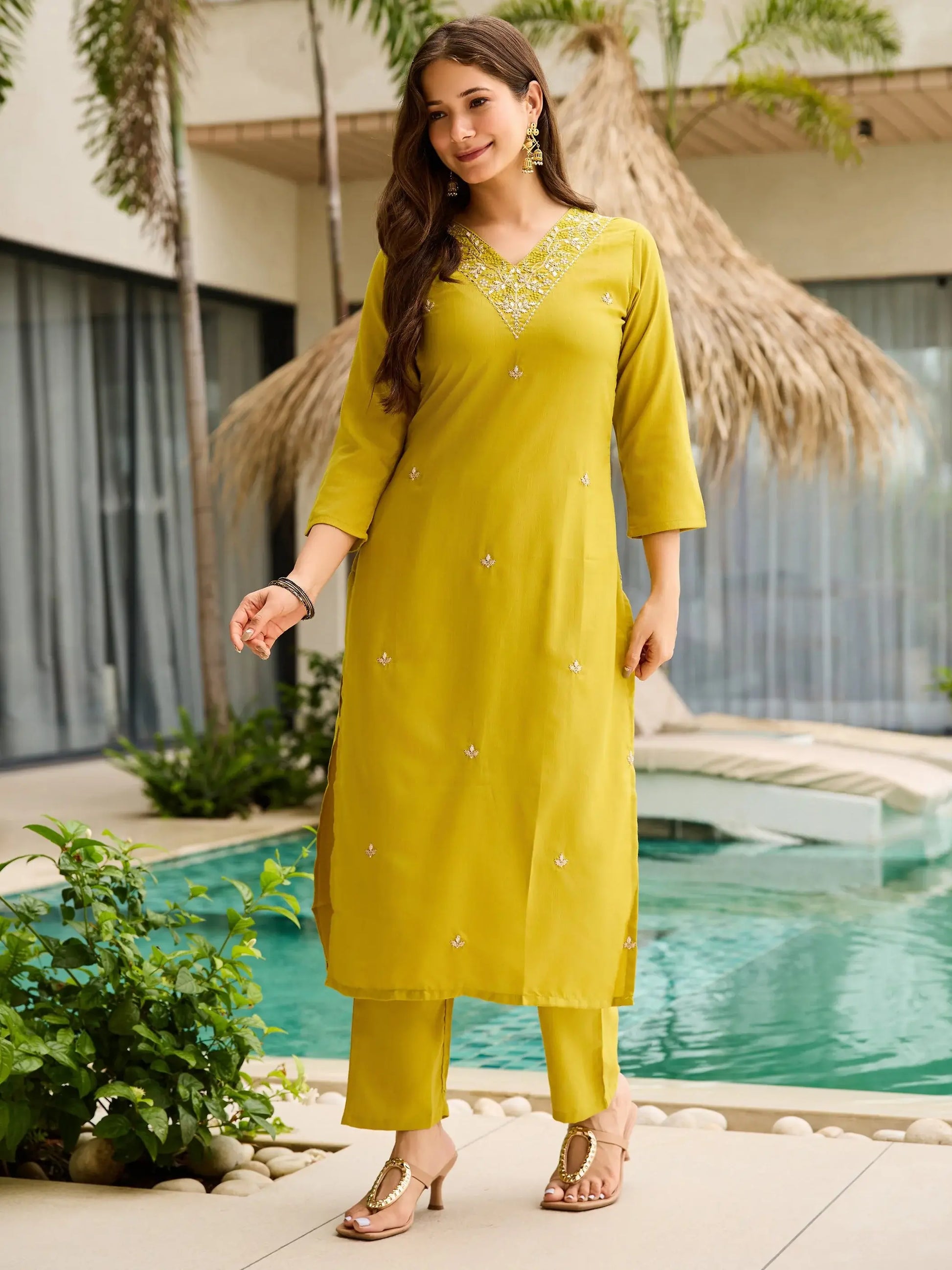Dazzling Mustard Yellow Zari Embroidery Rayon Haldi Wear Pant Suit - Zeel Clothing