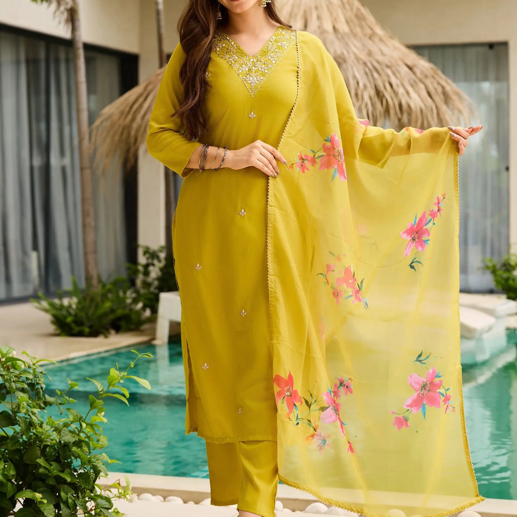 Dazzling Mustard Yellow Zari Embroidery Rayon Haldi Wear Pant Suit - Zeel Clothing