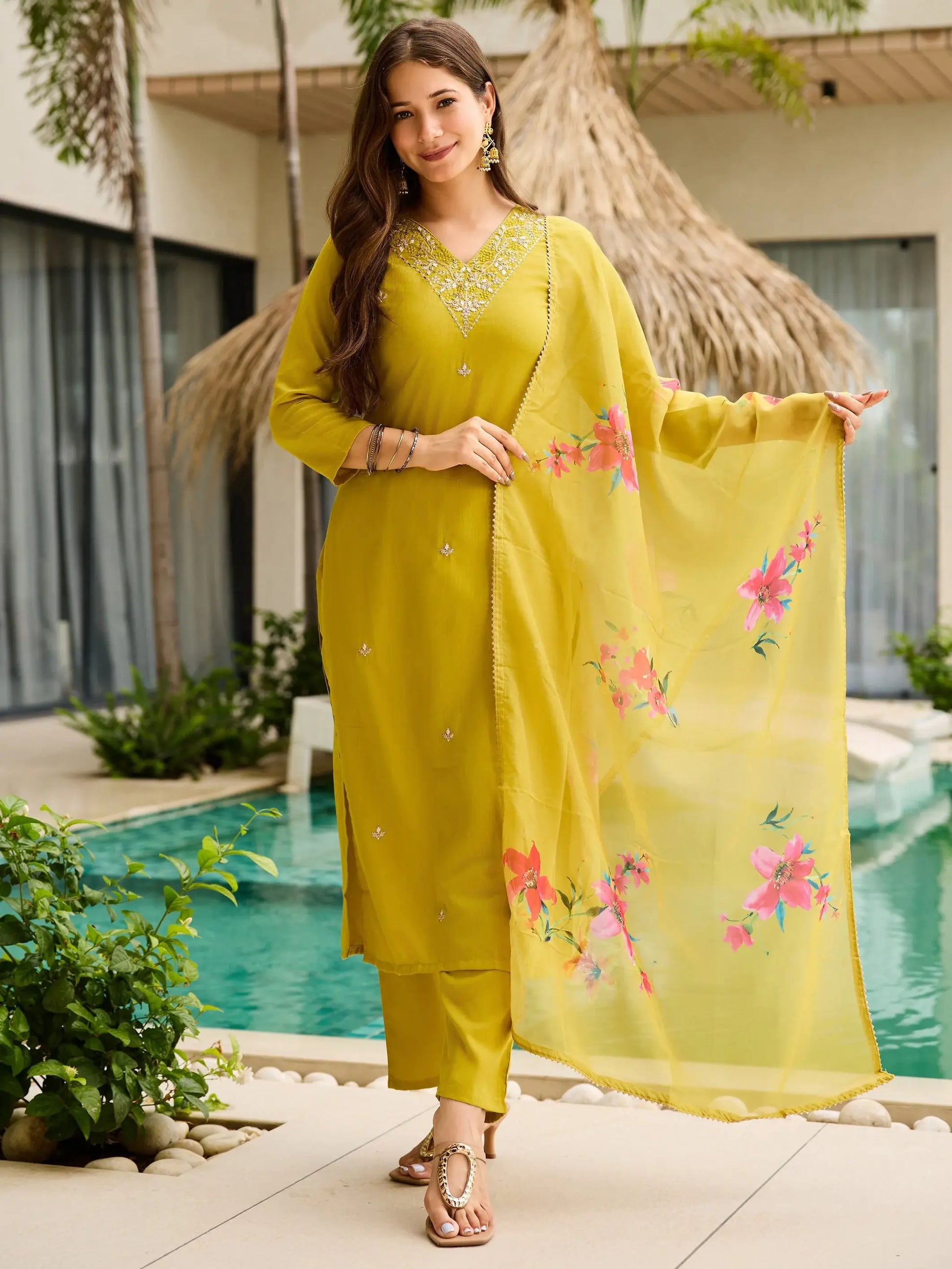 Dazzling Mustard Yellow Zari Embroidery Rayon Haldi Wear Pant Suit - Zeel Clothing