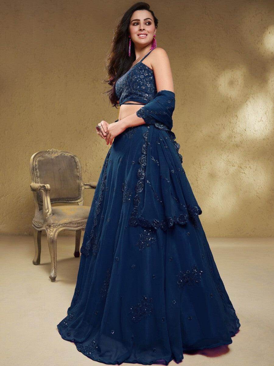 Dazzling Navy Blue Embroidered Georgette Wedding Wear Lehenga Choli - Zeel Clothing