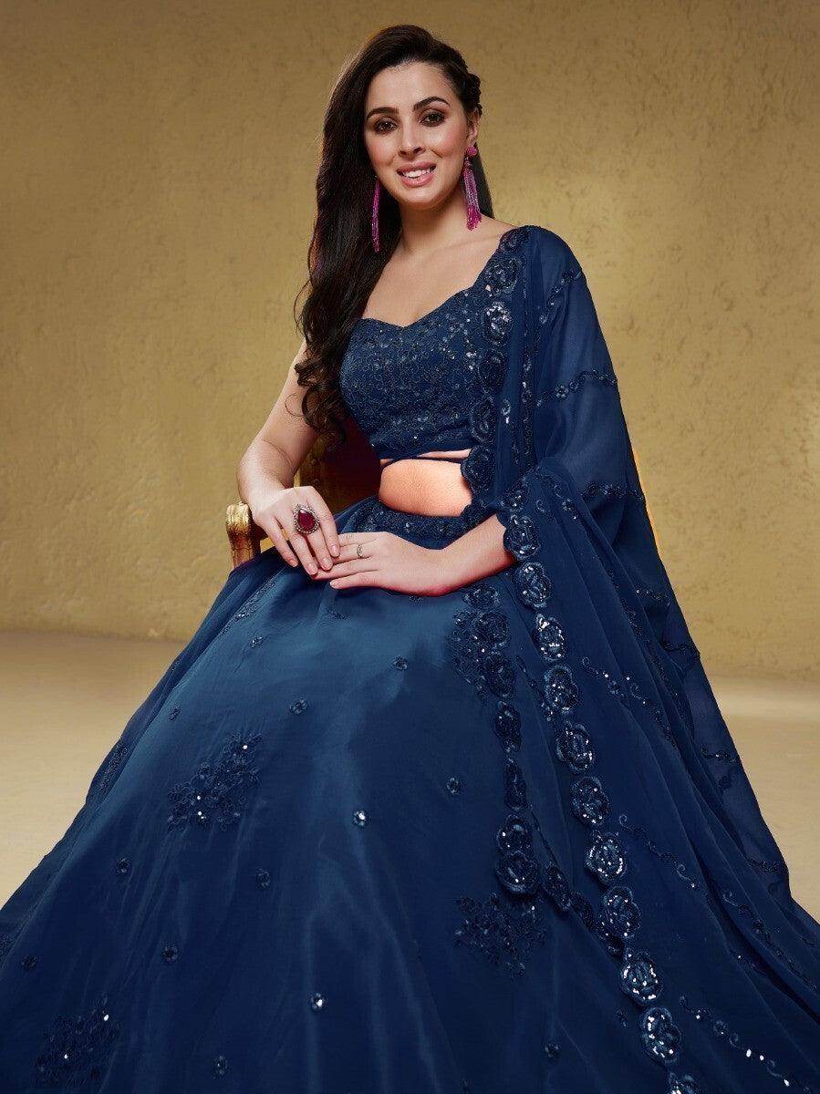 Dazzling Navy Blue Embroidered Georgette Wedding Wear Lehenga Choli - Zeel Clothing