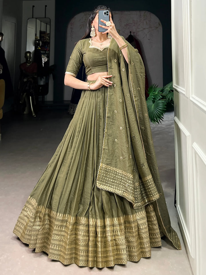 Dazzling Olive Green Chanderi Function Wear Lehenga Choli With Dupatta - Zeel Clothing