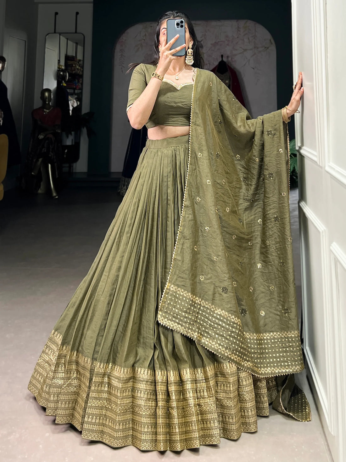 Dazzling Olive Green Chanderi Function Wear Lehenga Choli With Dupatta - Zeel Clothing