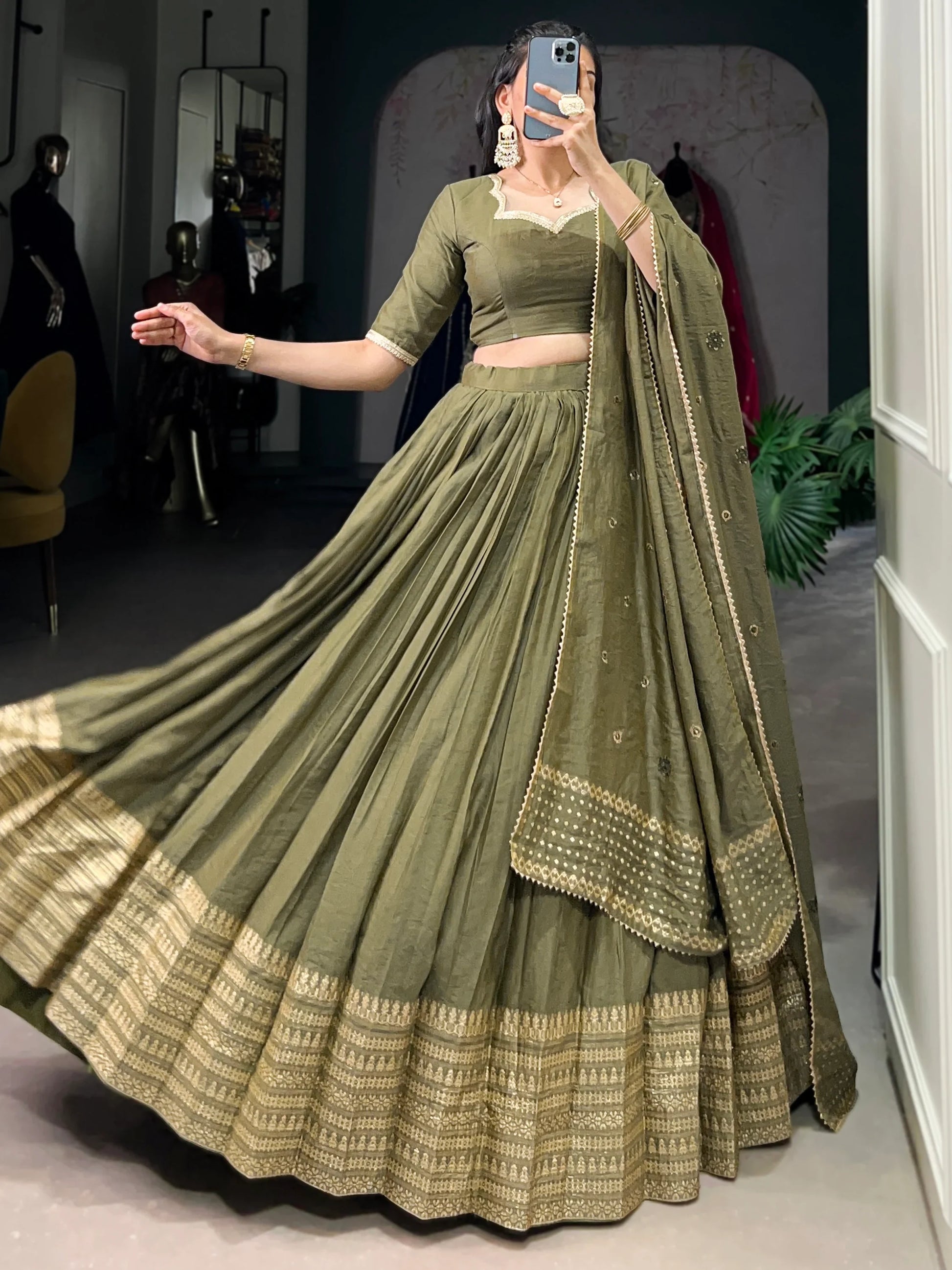 Dazzling Olive Green Chanderi Function Wear Lehenga Choli With Dupatta - Zeel Clothing