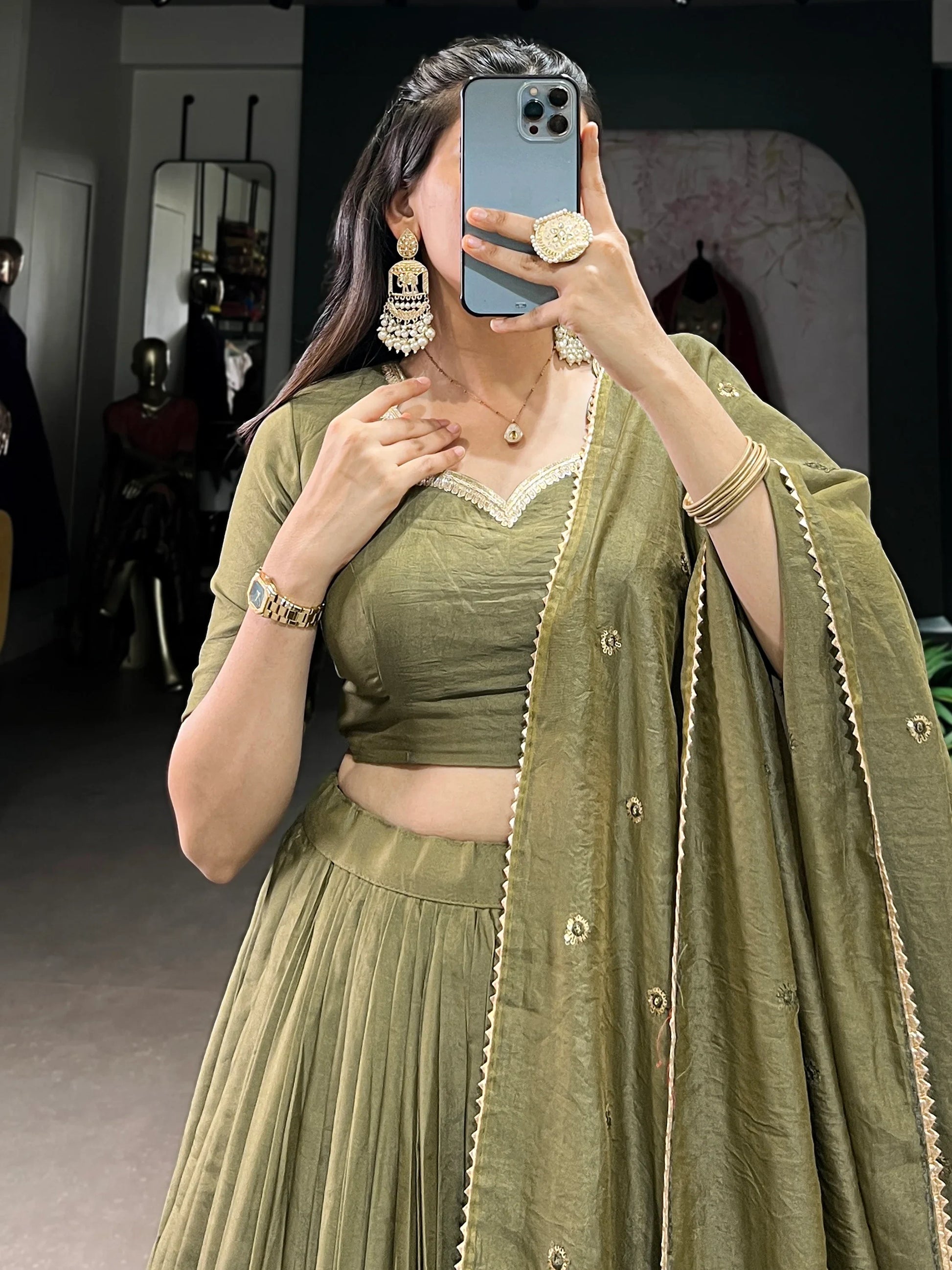 Dazzling Olive Green Chanderi Function Wear Lehenga Choli With Dupatta - Zeel Clothing