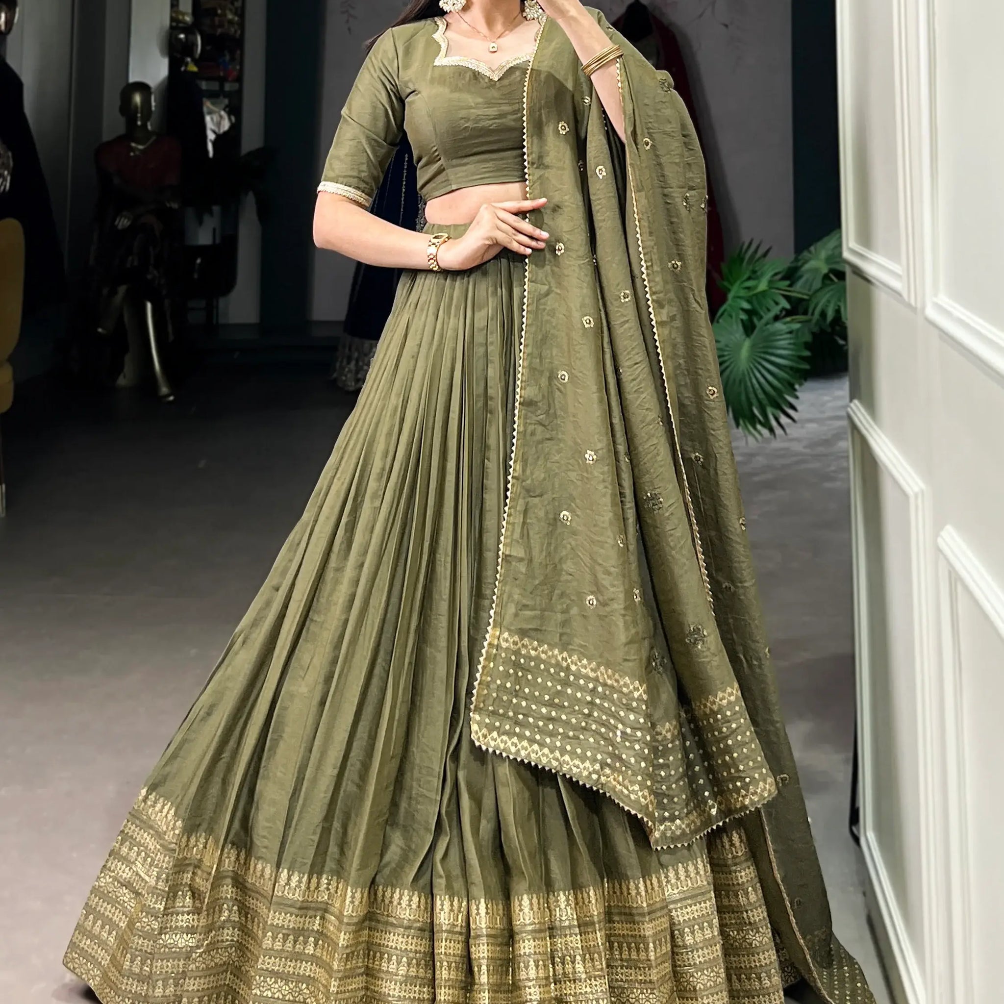 Dazzling Olive Green Chanderi Function Wear Lehenga Choli With Dupatta - Zeel Clothing
