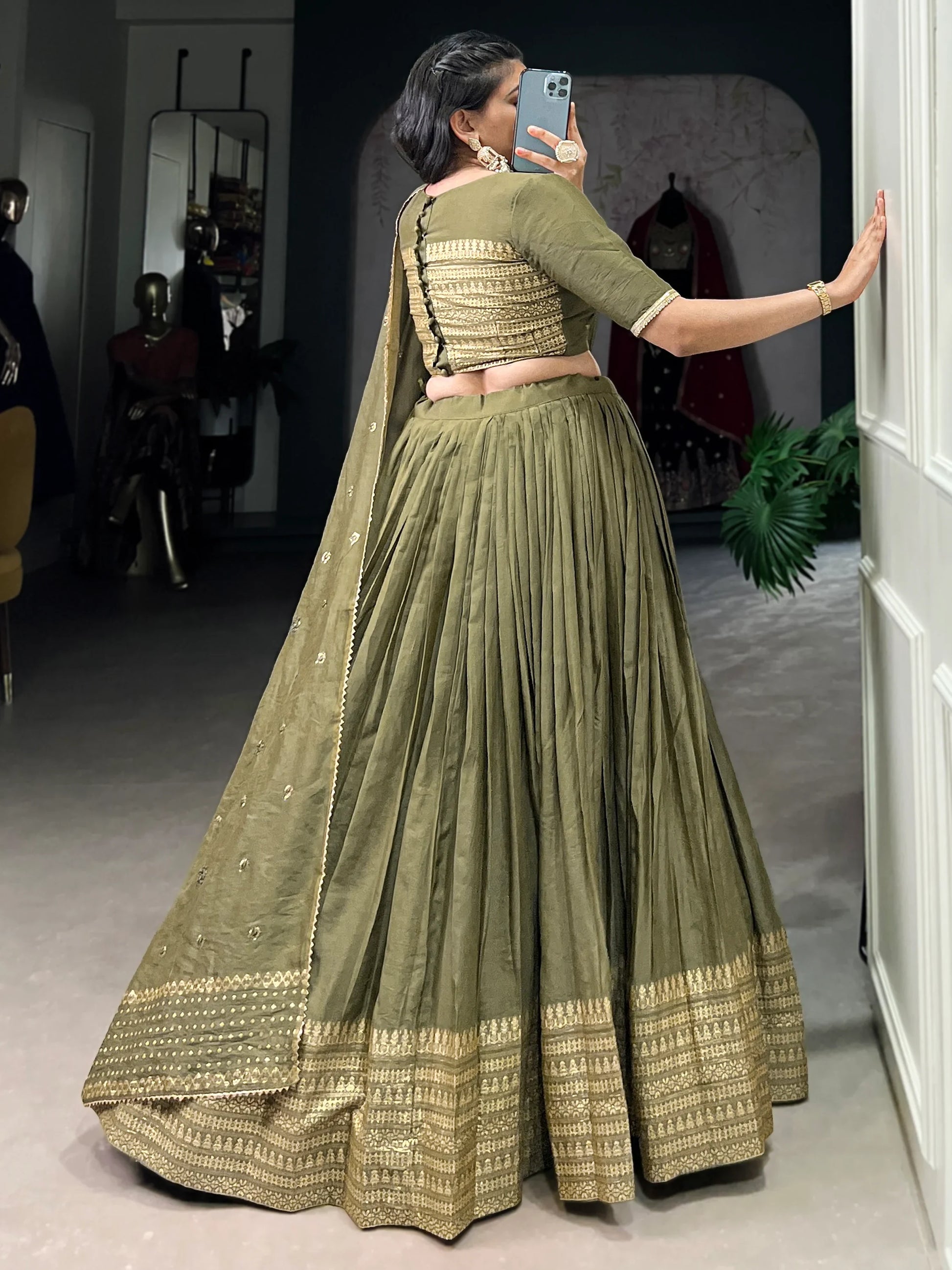Dazzling Olive Green Chanderi Function Wear Lehenga Choli With Dupatta - Zeel Clothing