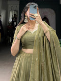 Dazzling Olive Green Chanderi Function Wear Lehenga Choli With Dupatta - Zeel Clothing