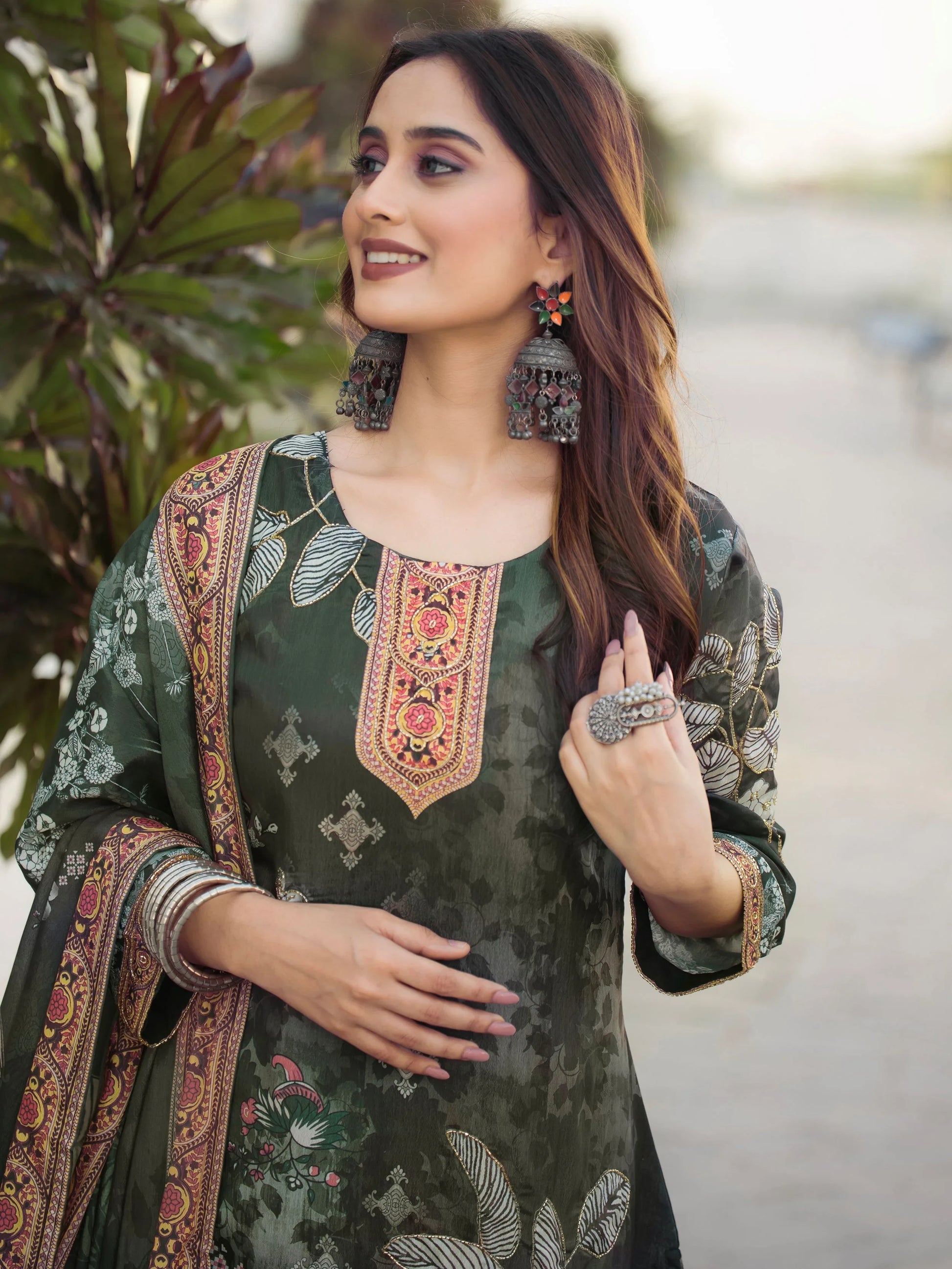 Dazzling Olive Green Digital Print Chinon Festival Wear Palazzo Suit