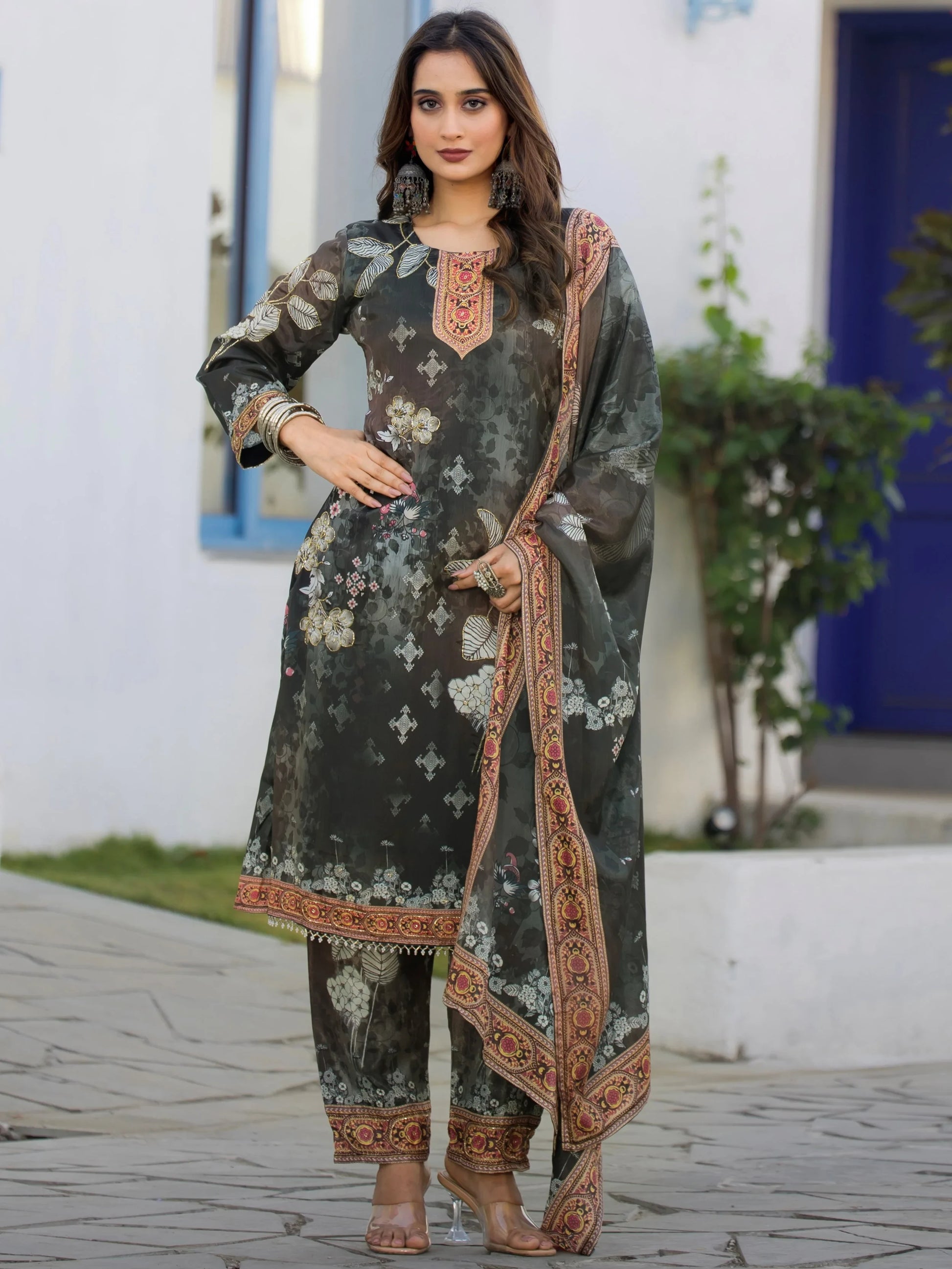 Dazzling Olive Green Digital Print Chinon Festival Wear Palazzo Suit