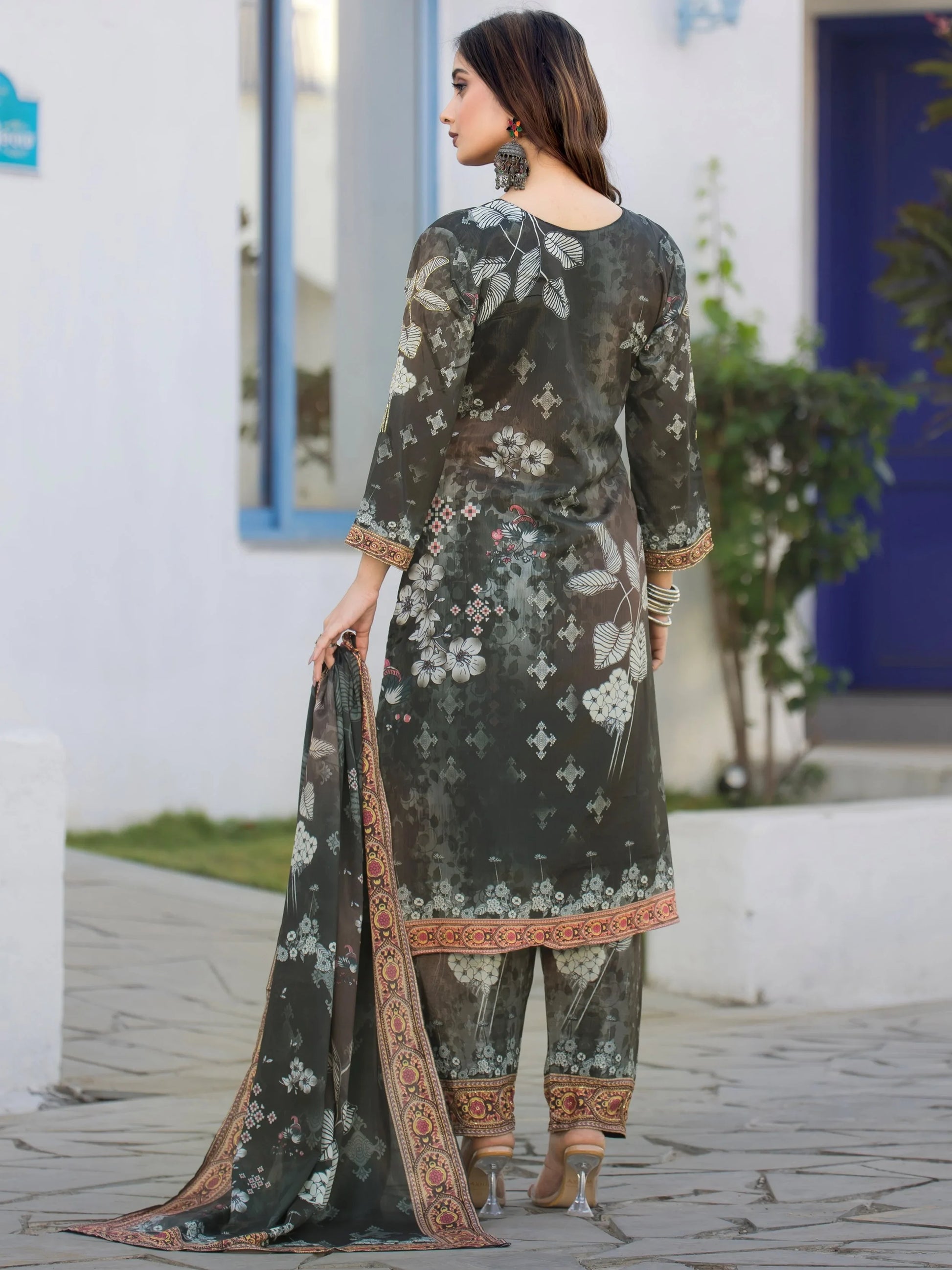 Dazzling Olive Green Digital Print Chinon Festival Wear Palazzo Suit