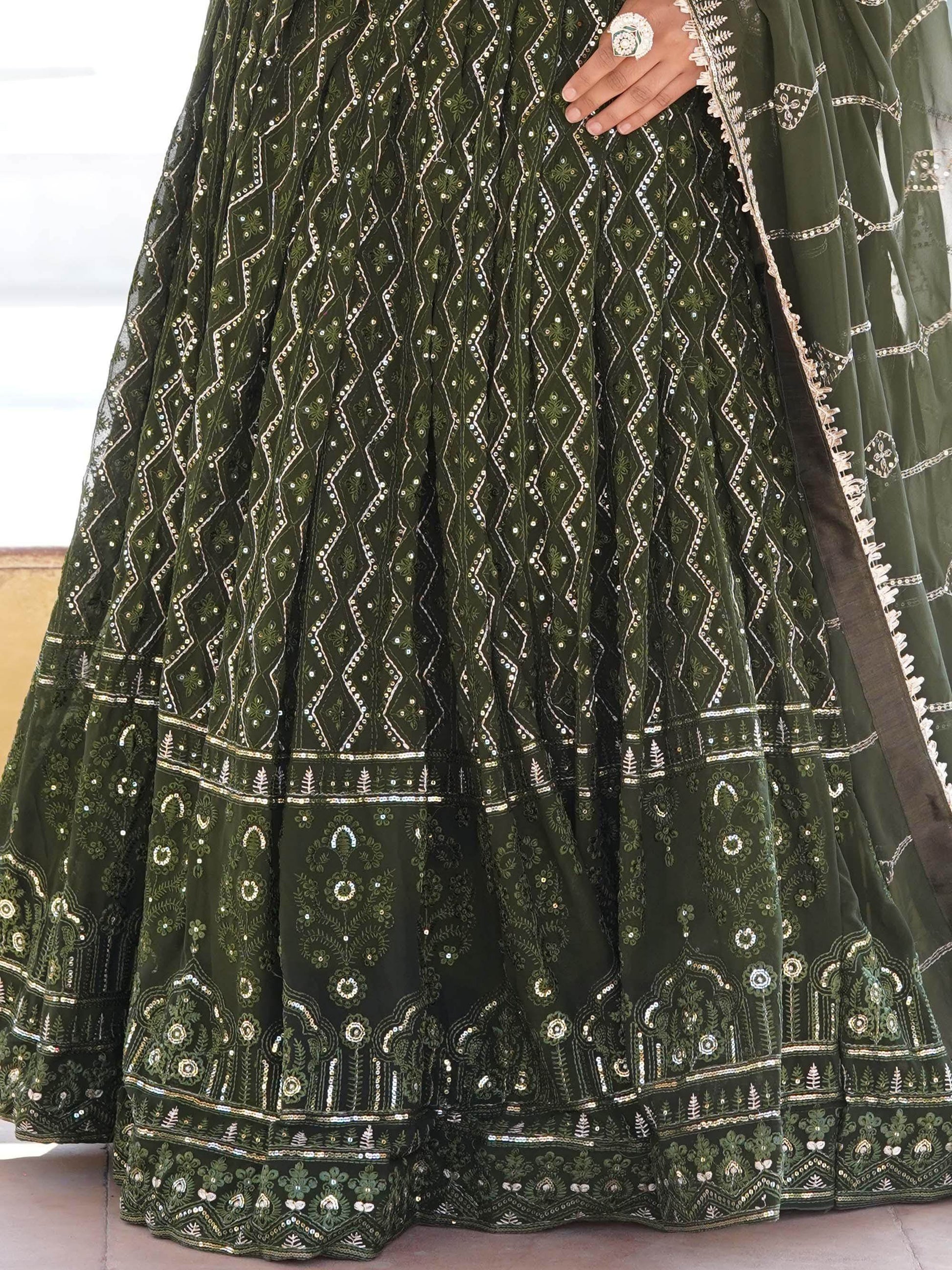 Dazzling Olive Green Sequins Georgette Function Wear Lehenga Choli - Zeel Clothing