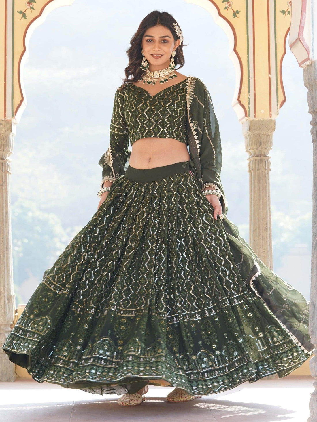 Dazzling Olive Green Sequins Georgette Function Wear Lehenga Choli - Zeel Clothing