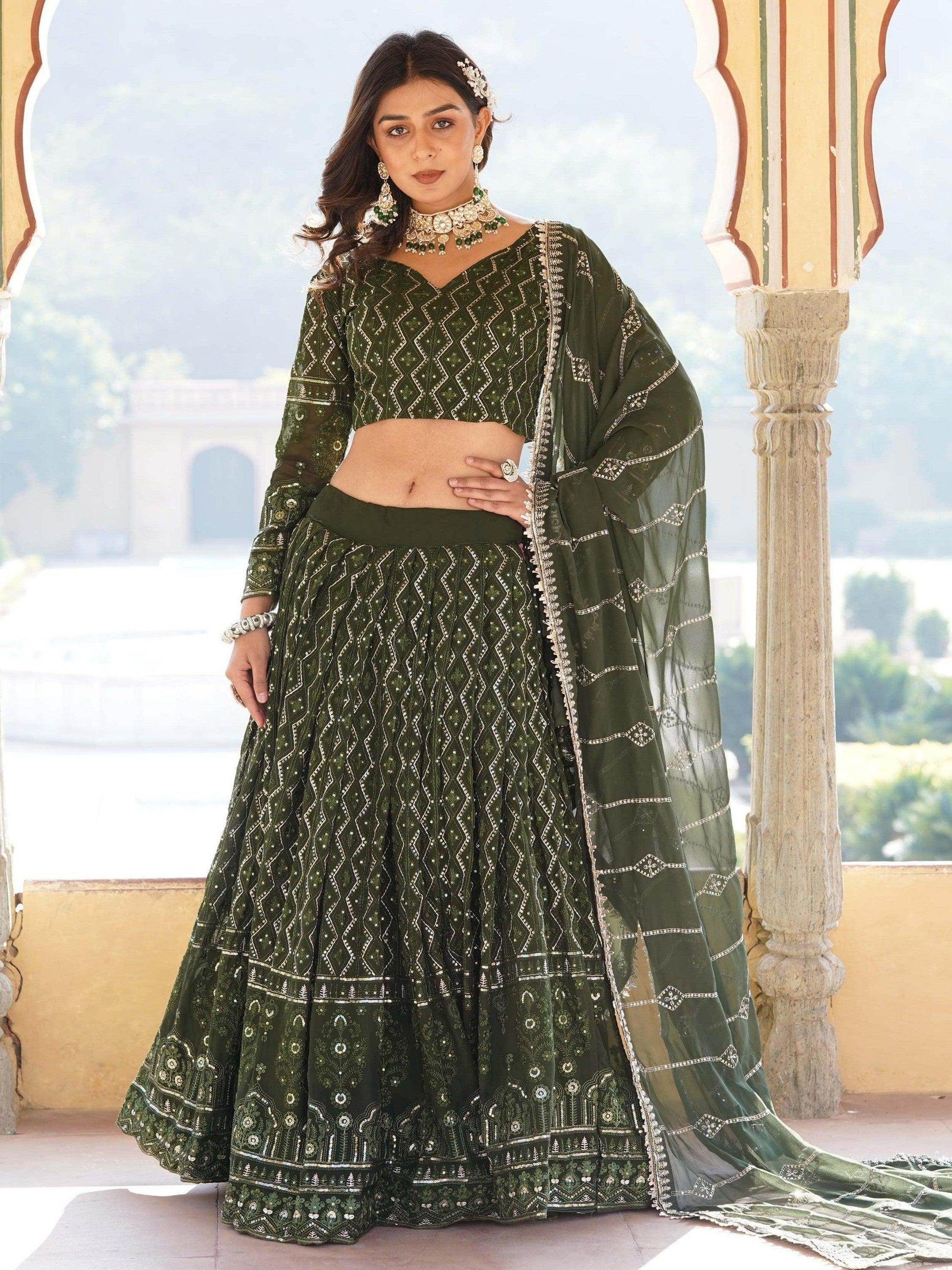 Dazzling Olive Green Sequins Georgette Function Wear Lehenga Choli - Zeel Clothing