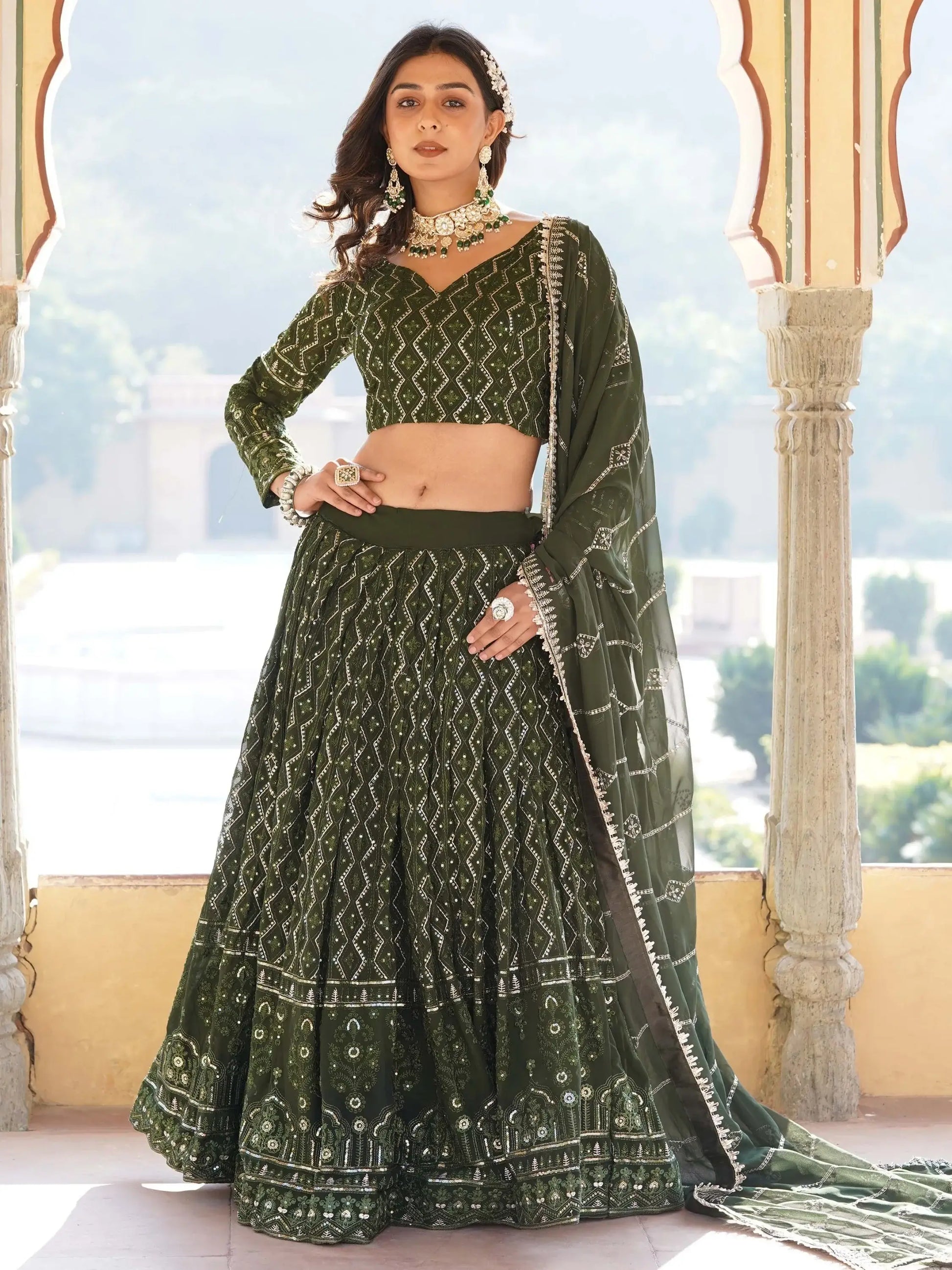 Dazzling Olive Green Sequins Georgette Function Wear Lehenga Choli - Zeel Clothing