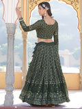 Dazzling Olive Green Sequins Georgette Function Wear Lehenga Choli - Zeel Clothing