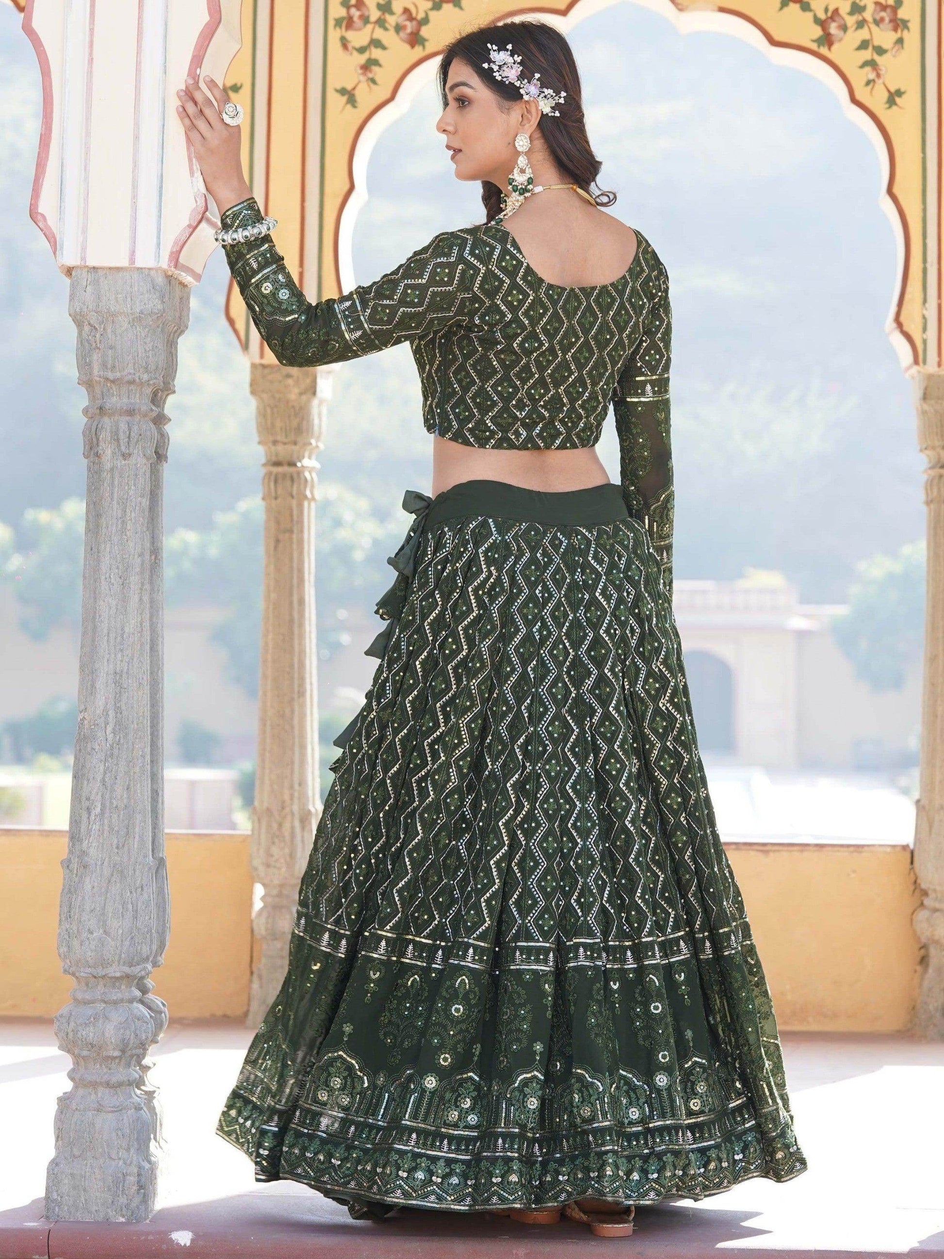 Dazzling Olive Green Sequins Georgette Function Wear Lehenga Choli - Zeel Clothing