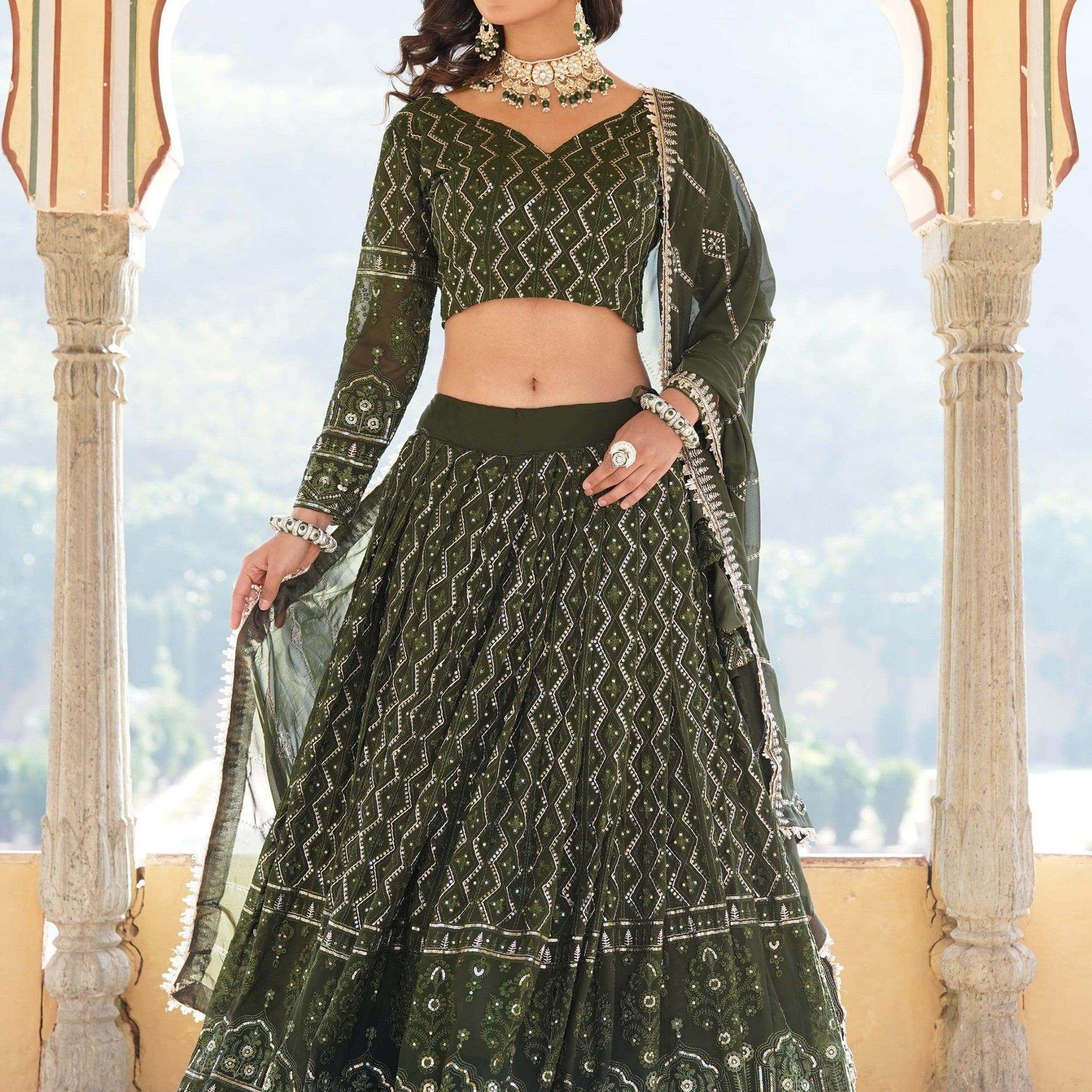 Dazzling Olive Green Sequins Georgette Function Wear Lehenga Choli - Zeel Clothing