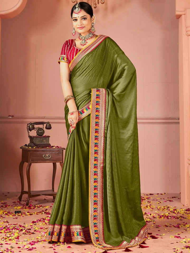 Dazzling Olive Green Swarovski Work Silk Festive Wear Saree With Blouse - Zeel Clothing
