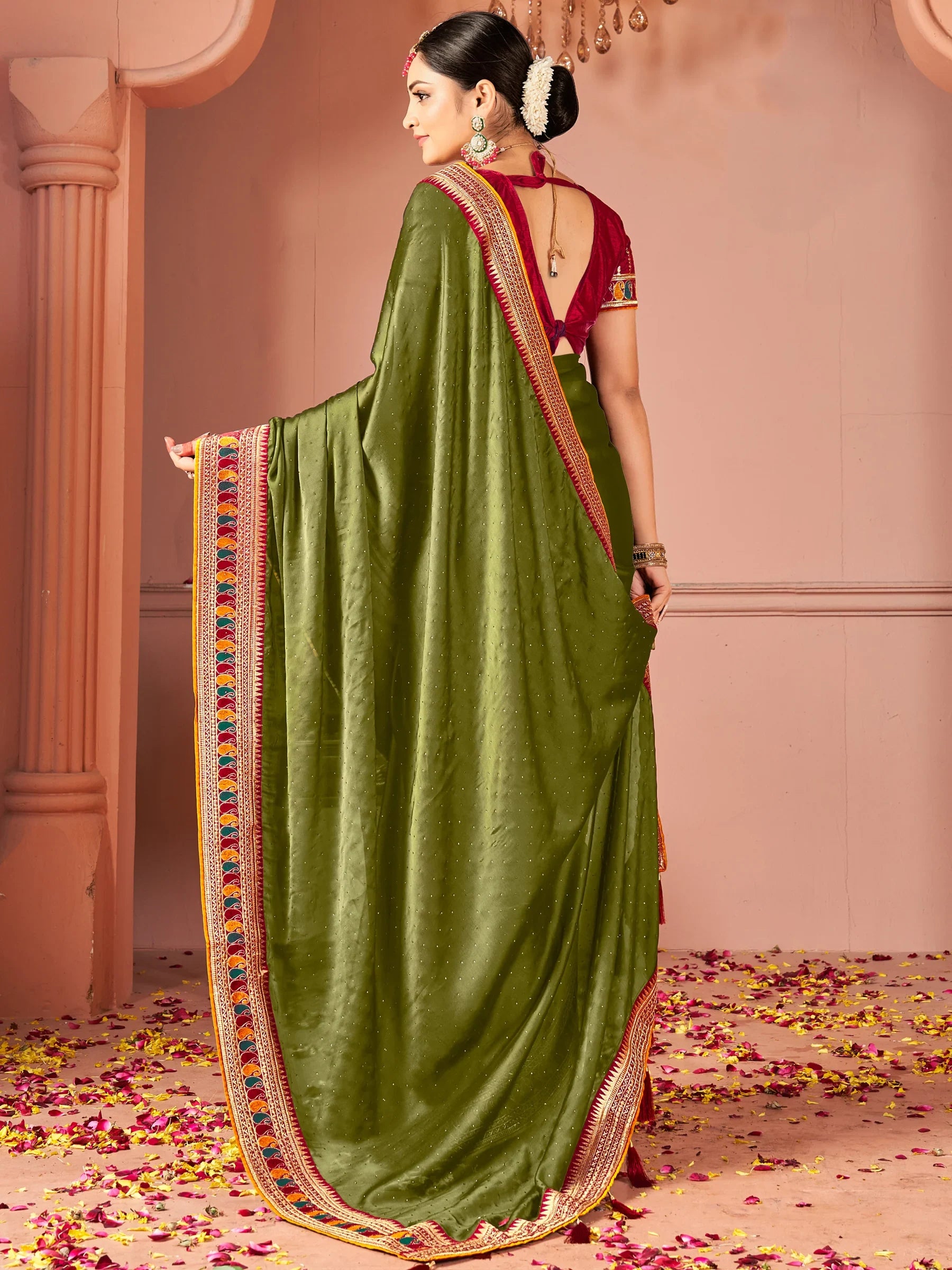 Dazzling Olive Green Swarovski Work Silk Festive Wear Saree With Blouse - Zeel Clothing
