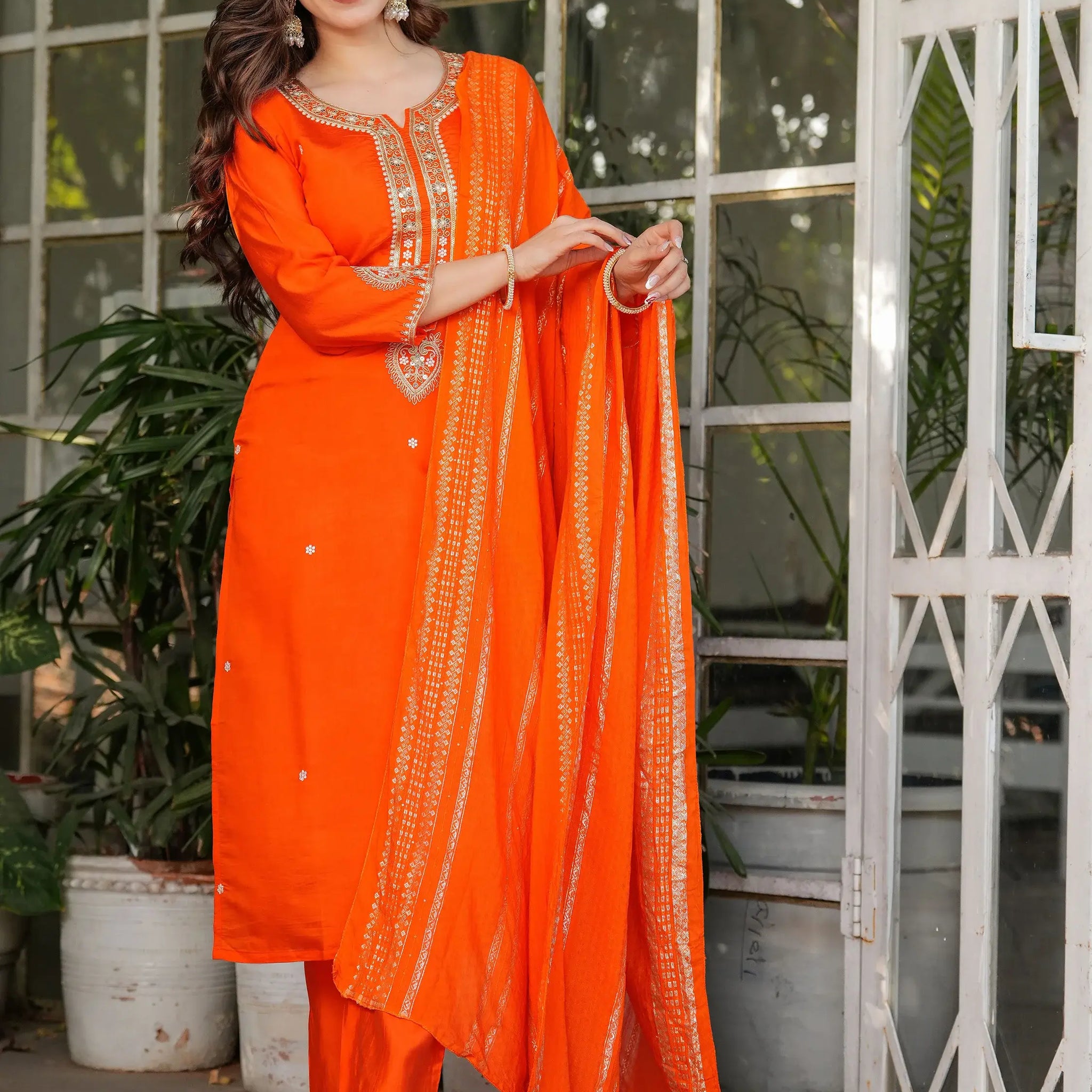 Dazzling Orange Sequins Viscose Silk Traditional Pant Suit - Zeel Clothing