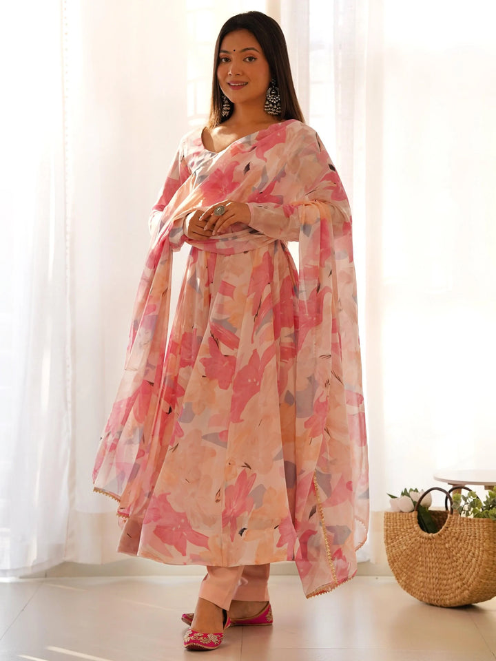 Dazzling Peach Floral Printed Georgette Traditional Anarkali Suit