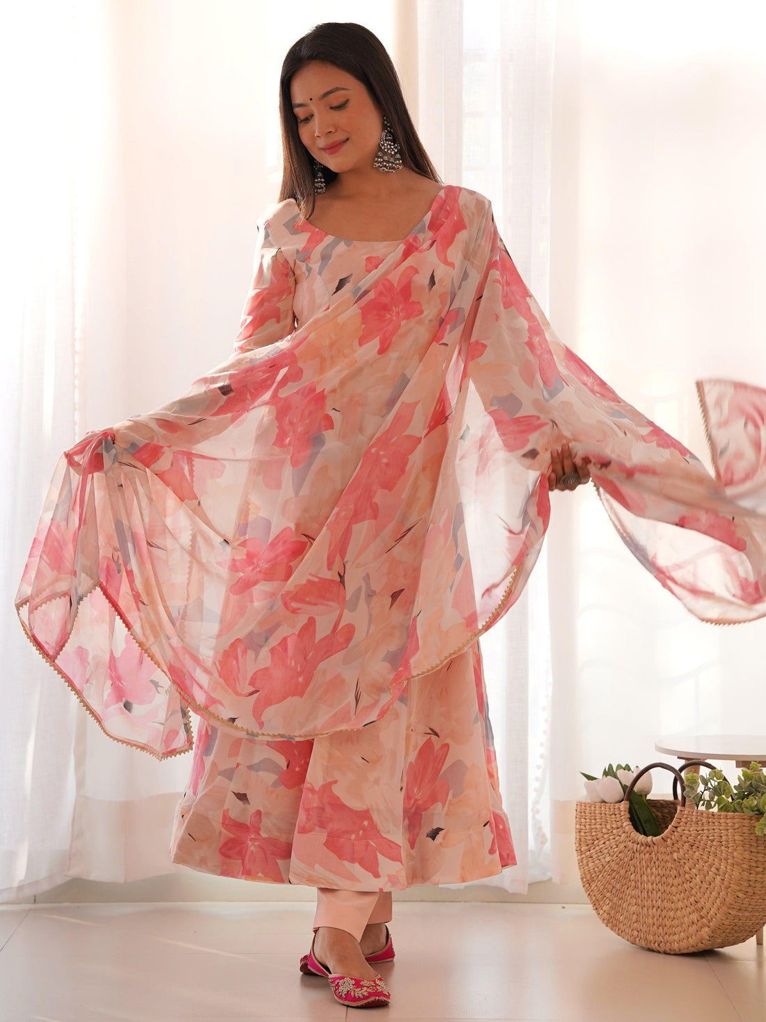 Dazzling Peach Floral Printed Georgette Traditional Anarkali Suit