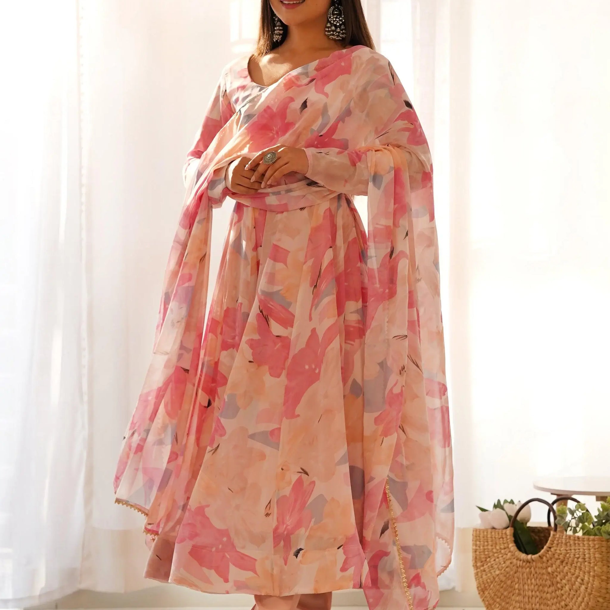 Dazzling Peach Floral Printed Georgette Traditional Anarkali Suit - Zeel Clothing