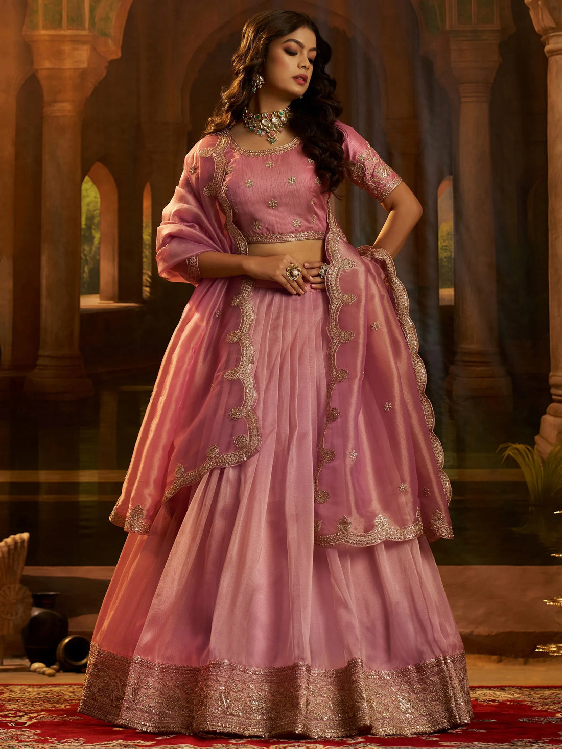 Dazzling Pink Dori Work Organza Engagement Wear Lehenga Choli With Dupatta