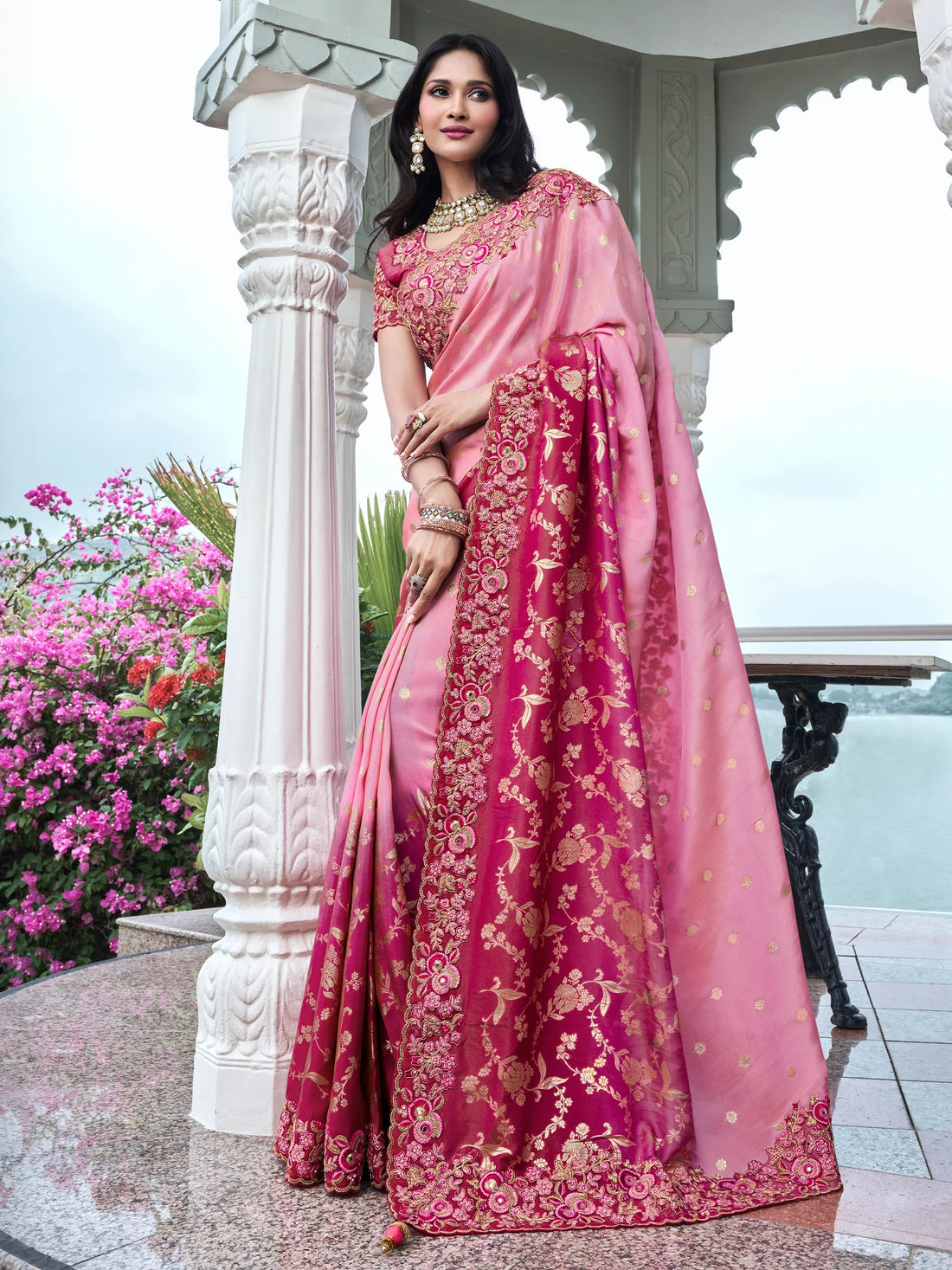 Dazzling Pink Zari Weaving Organza Engagement Wear Saree With Blouse - Zeel Clothing