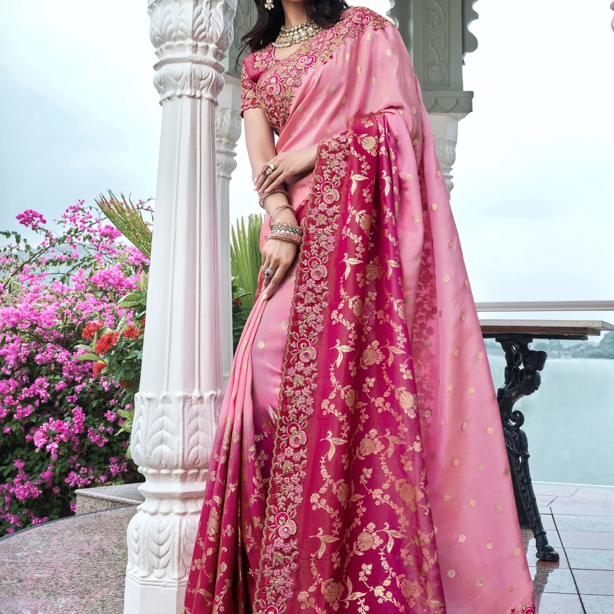 Dazzling Pink Zari Weaving Organza Engagement Wear Saree With Blouse - Zeel Clothing