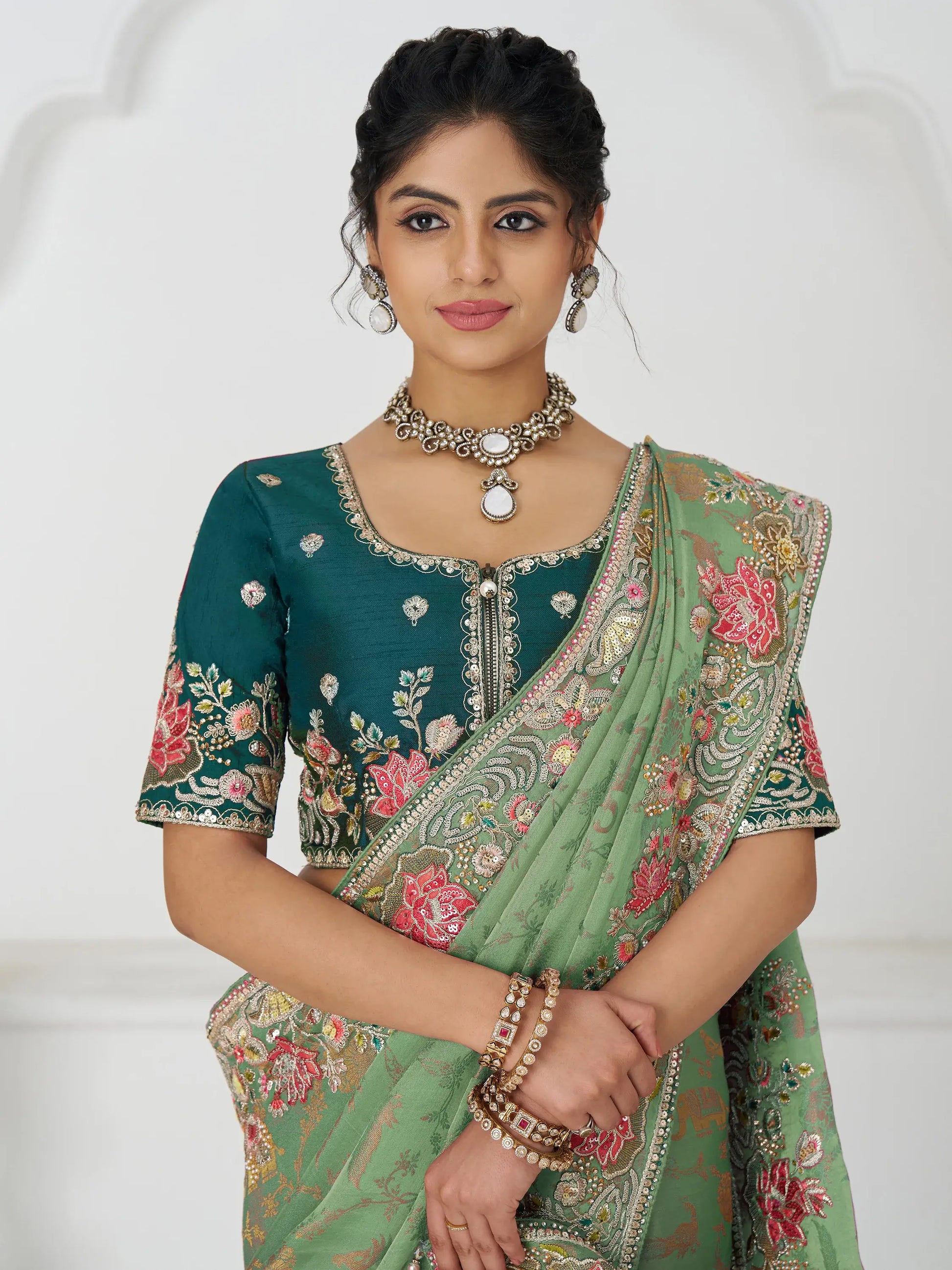 Dazzling Pista Green Border Work Dola Silk Wedding Wear Saree - Zeel Clothing