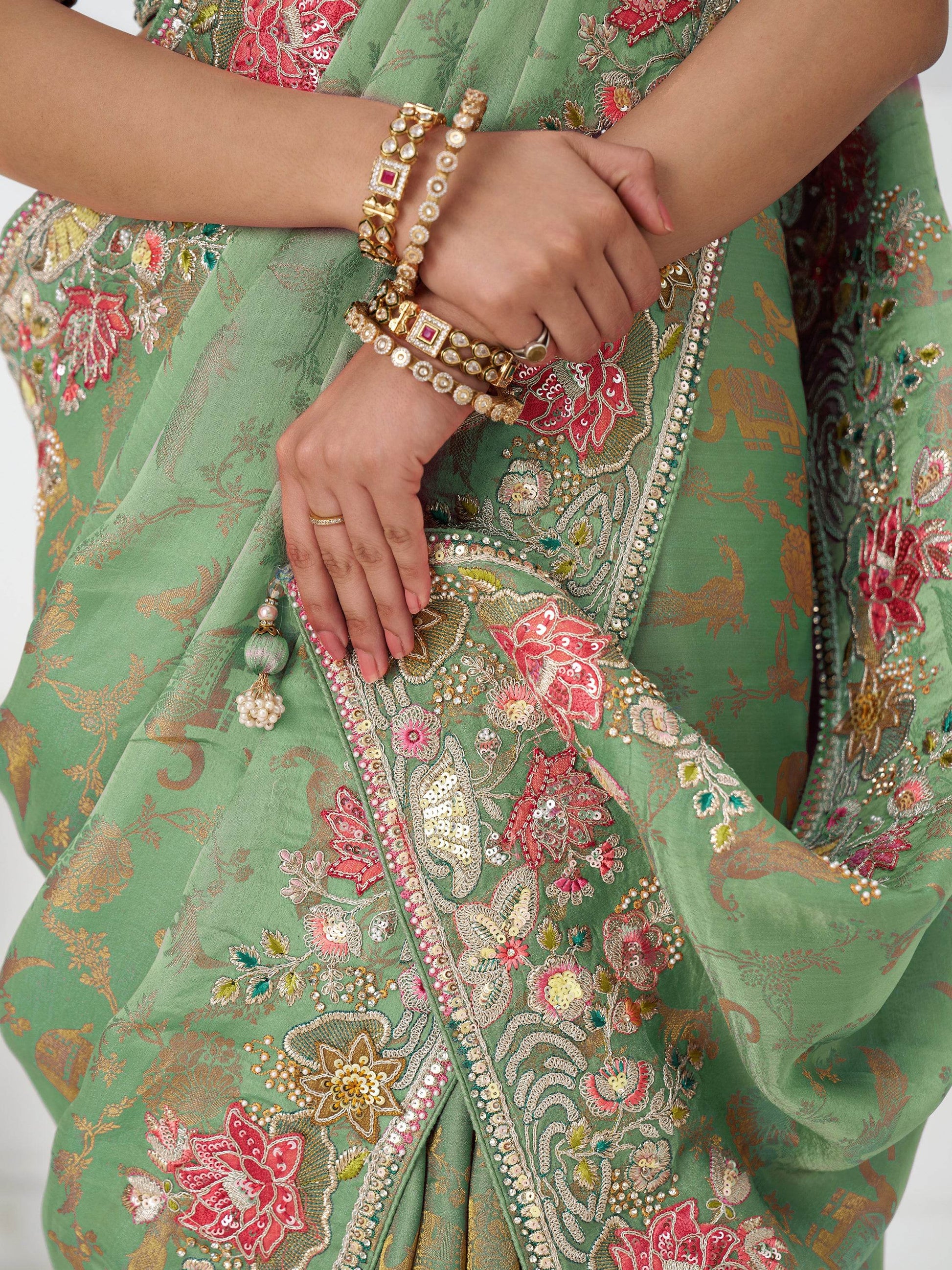 Dazzling Pista Green Border Work Dola Silk Wedding Wear Saree - Zeel Clothing