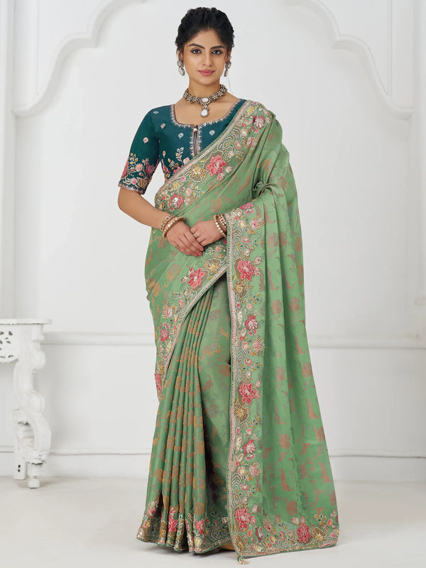 Dazzling Pista Green Border Work Dola Silk Wedding Wear Saree - Zeel Clothing