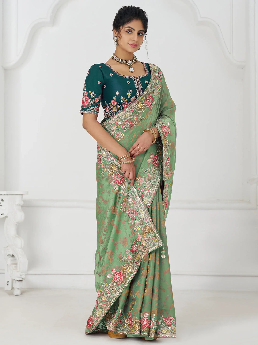 Dazzling Pista Green Border Work Dola Silk Wedding Wear Saree - Zeel Clothing
