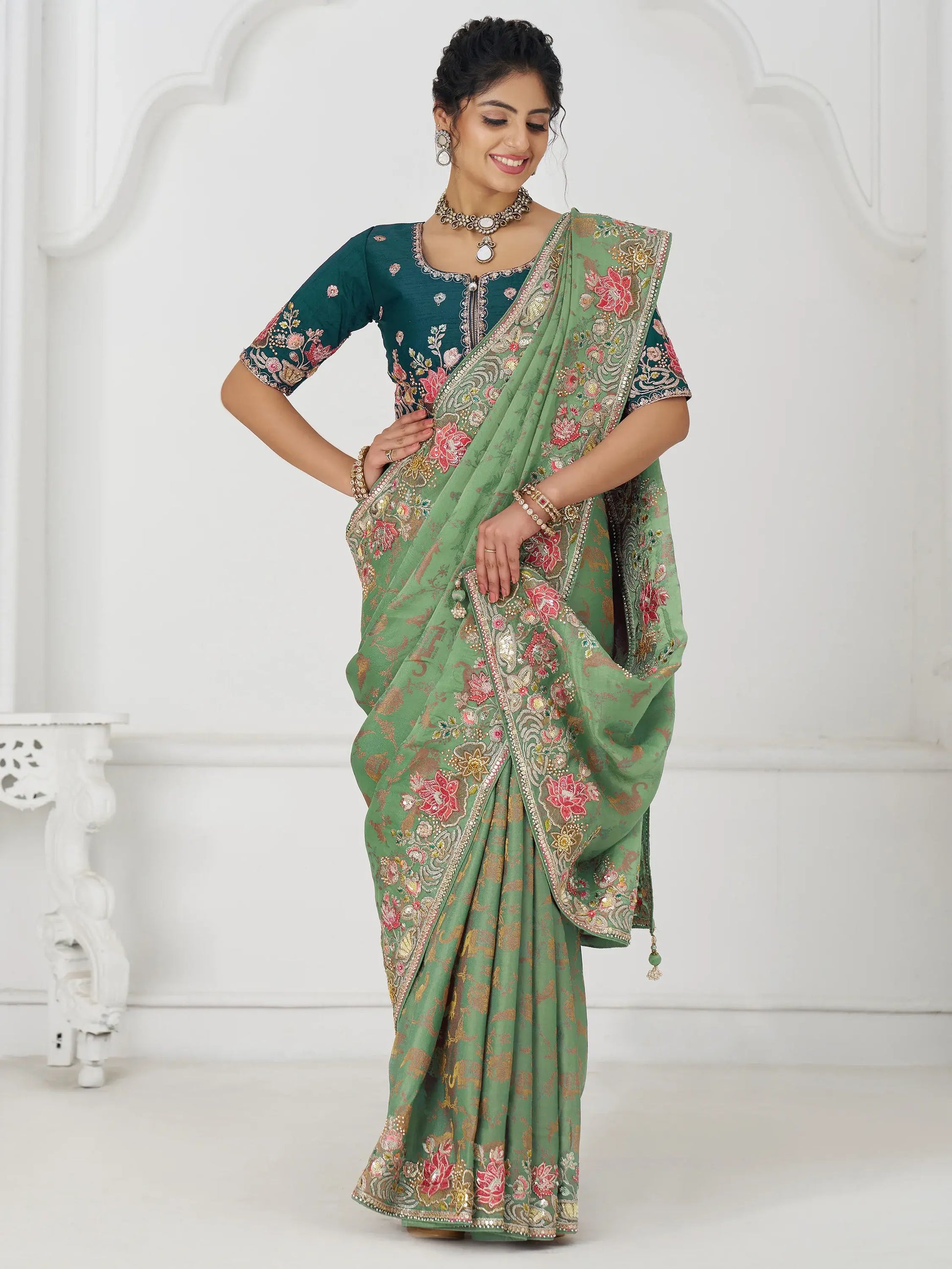 Dazzling Pista Green Border Work Dola Silk Wedding Wear Saree - Zeel Clothing