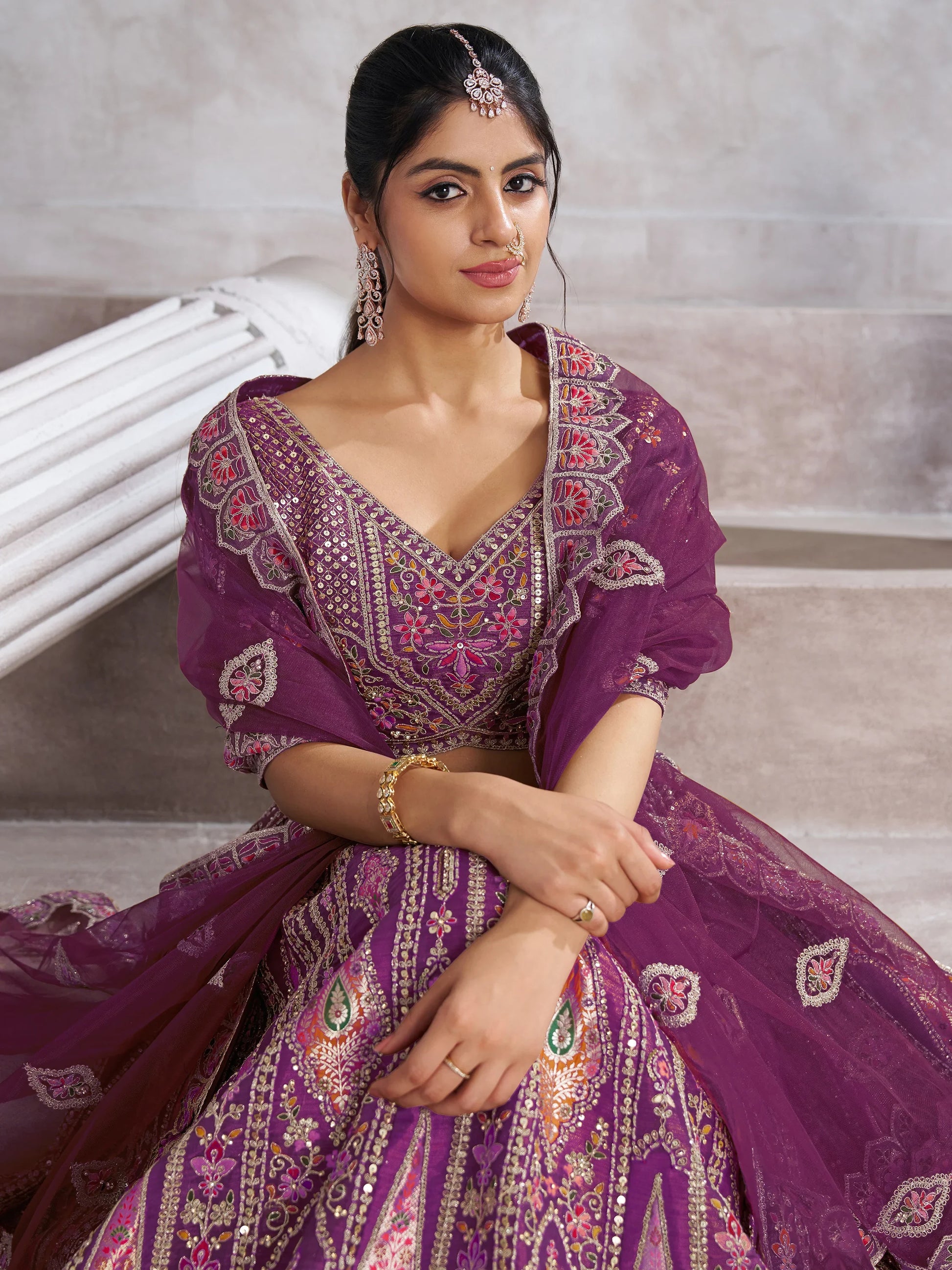 Dazzling Purple Banarasi Silk Bridesmaid Lehenga Choli With Dupatta - Zeel Clothing