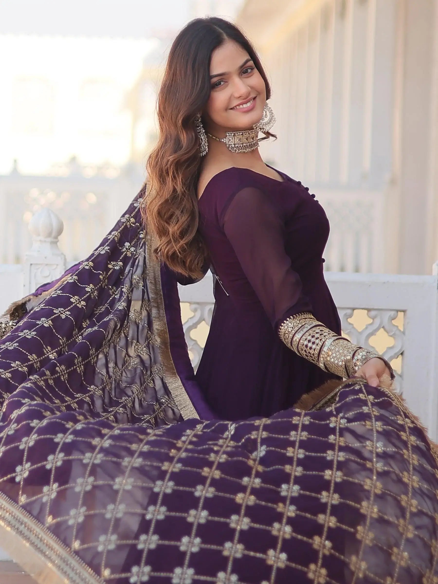 Dazzling Purple Georgette Engagement Wear Gown With Heavy Dupatta - Zeel Clothing