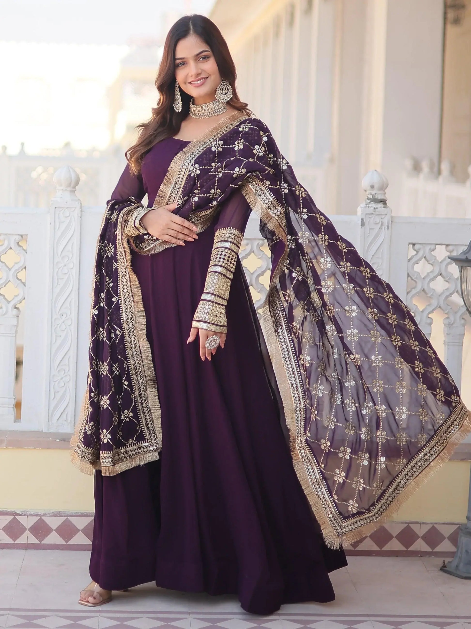 Dazzling Purple Georgette Engagement Wear Gown With Heavy Dupatta - Zeel Clothing