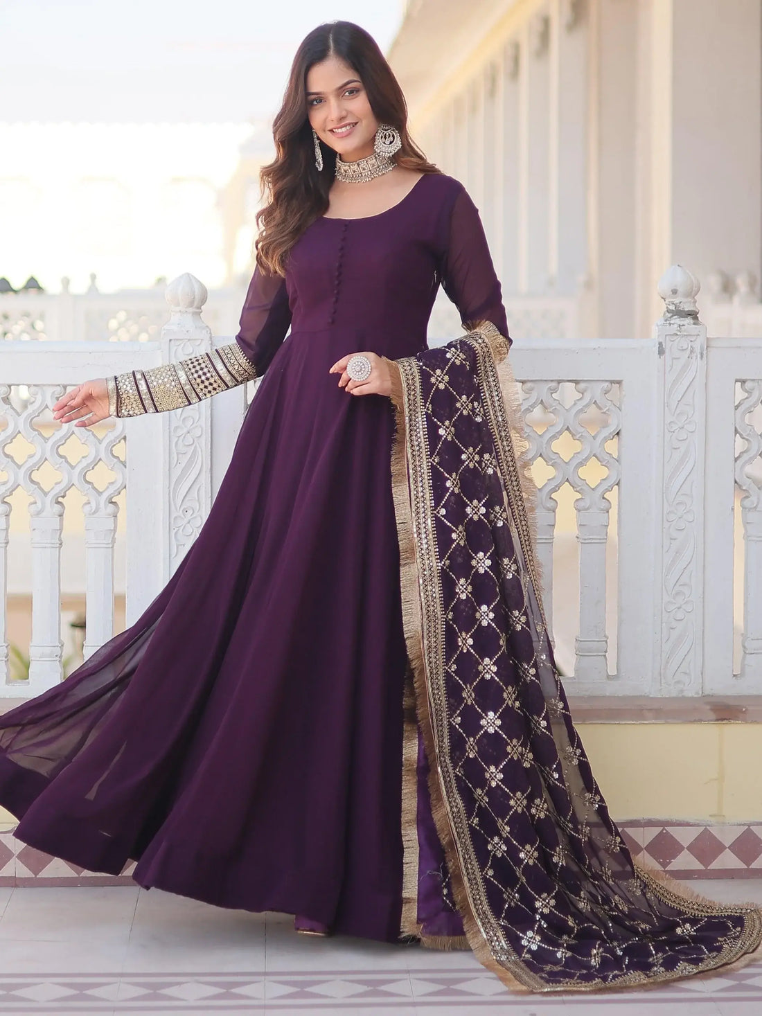 Dazzling Purple Georgette Engagement Wear Gown With Heavy Dupatta - Zeel Clothing