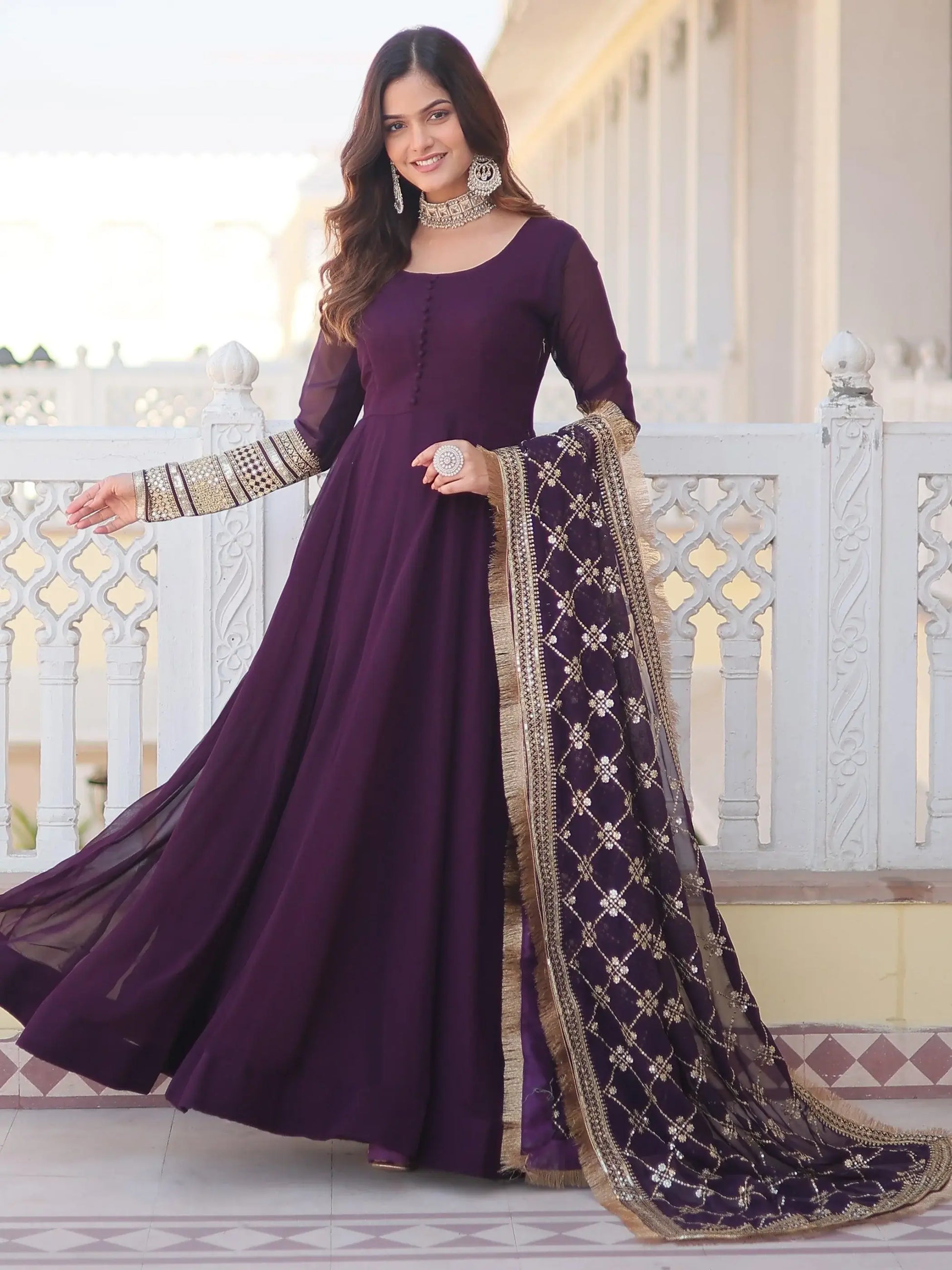 Dazzling Purple Georgette Engagement Wear Gown With Heavy Dupatta - Zeel Clothing