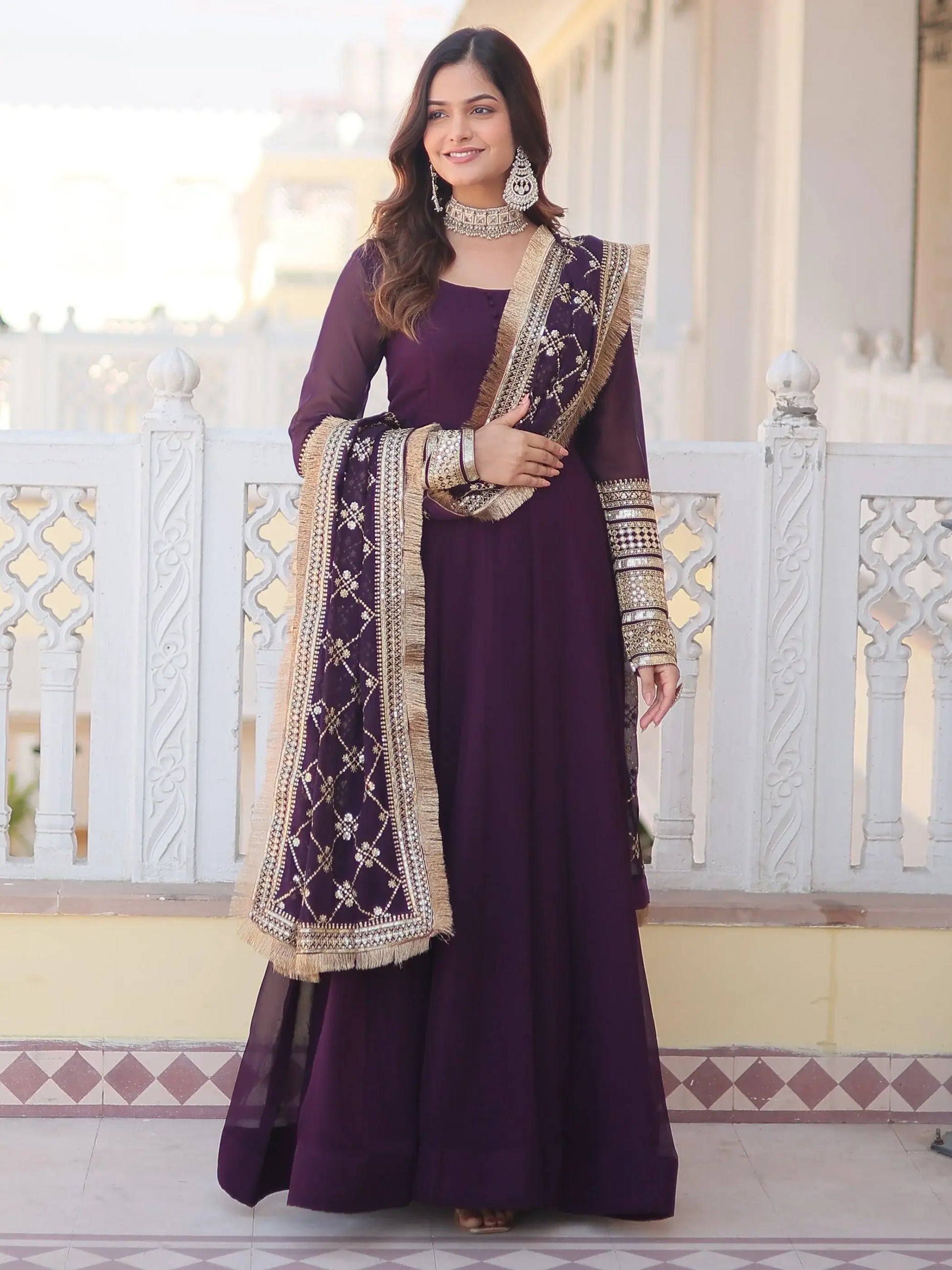 Dazzling Purple Georgette Engagement Wear Gown With Heavy Dupatta - Zeel Clothing