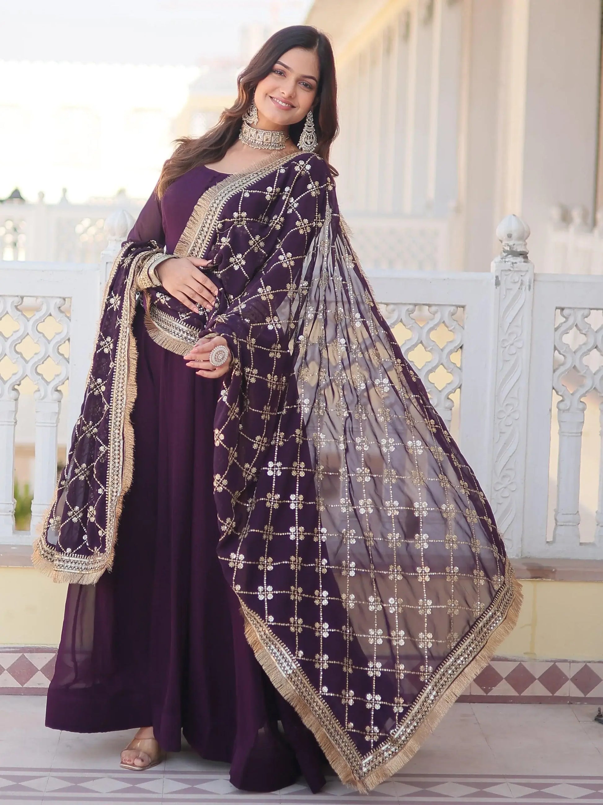Dazzling Purple Georgette Engagement Wear Gown With Heavy Dupatta - Zeel Clothing