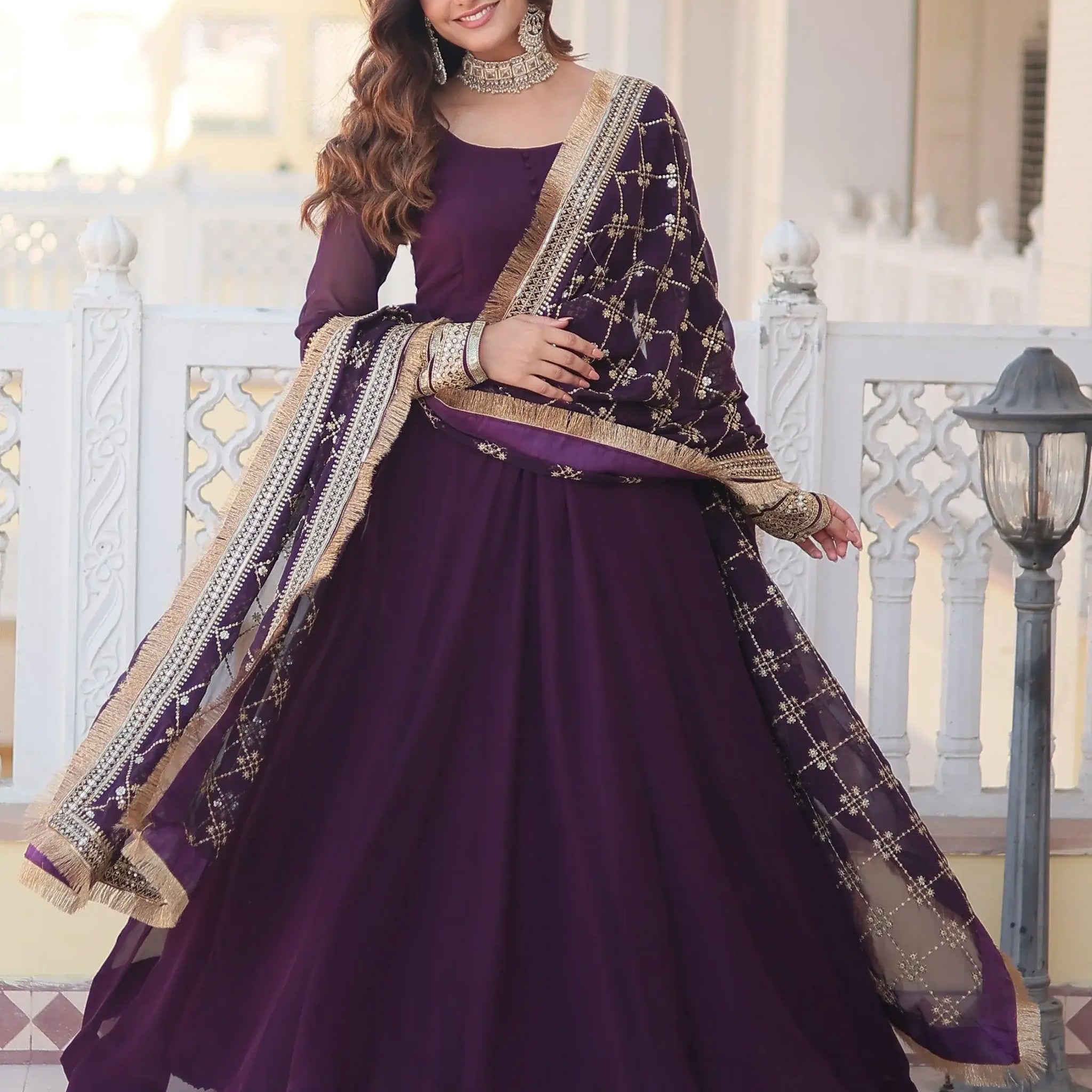 Dazzling Purple Georgette Engagement Wear Gown With Heavy Dupatta - Zeel Clothing